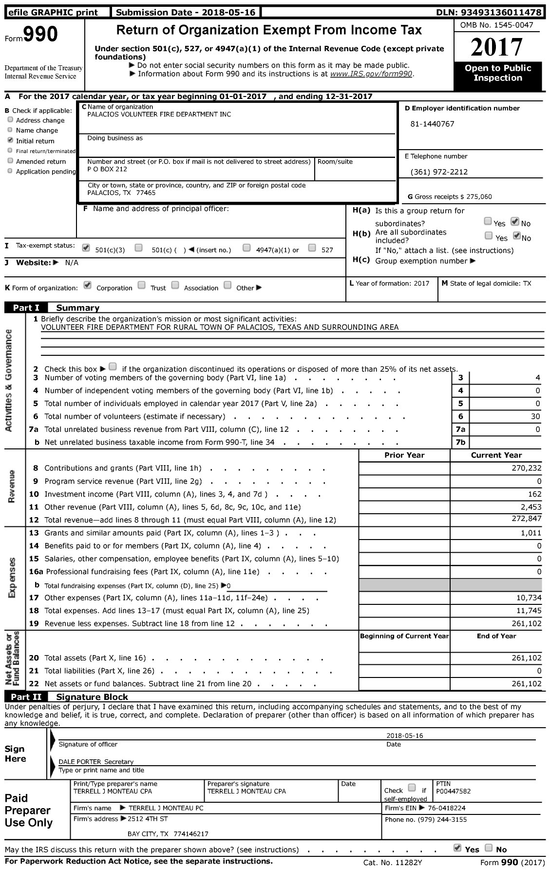 Image of first page of 2017 Form 990 for Palacios Volunteer Fire Department