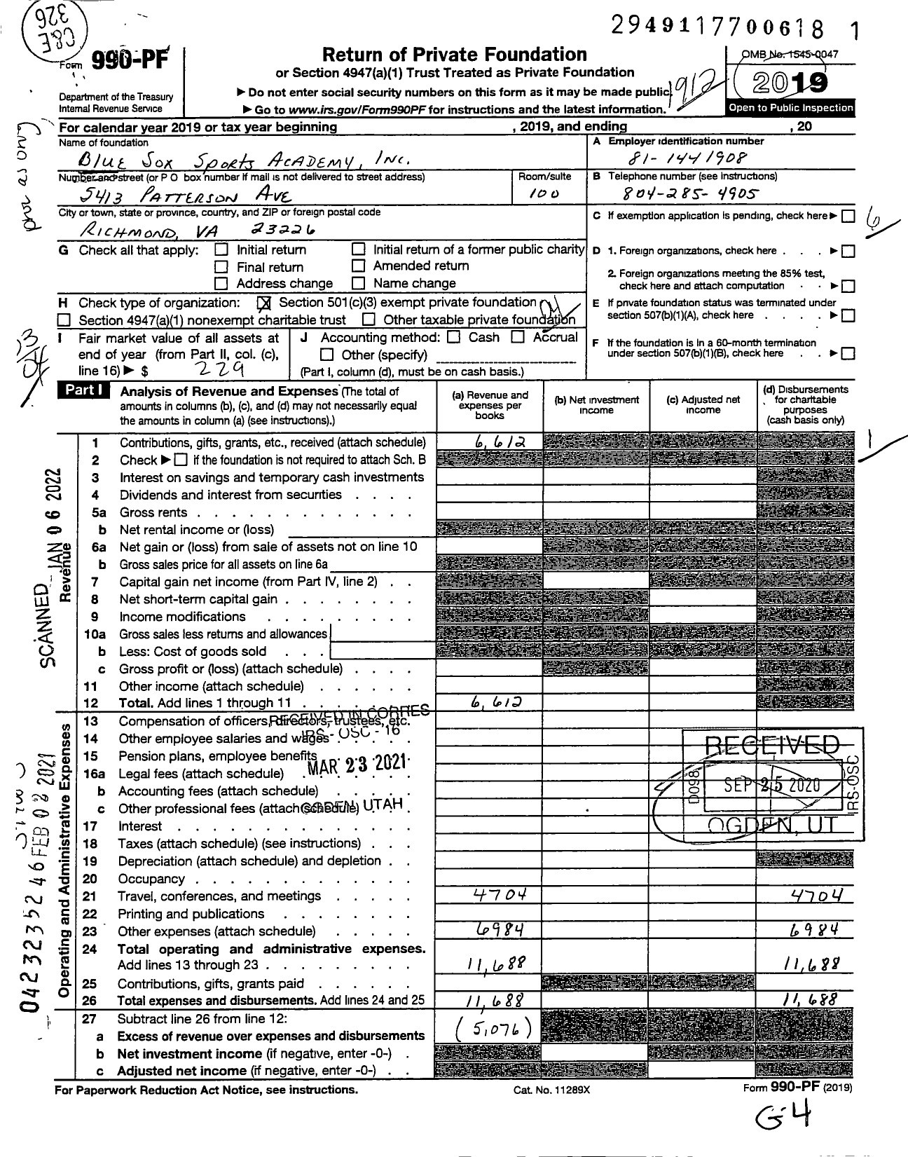 Image of first page of 2019 Form 990PF for Blue Sox Sports Academy