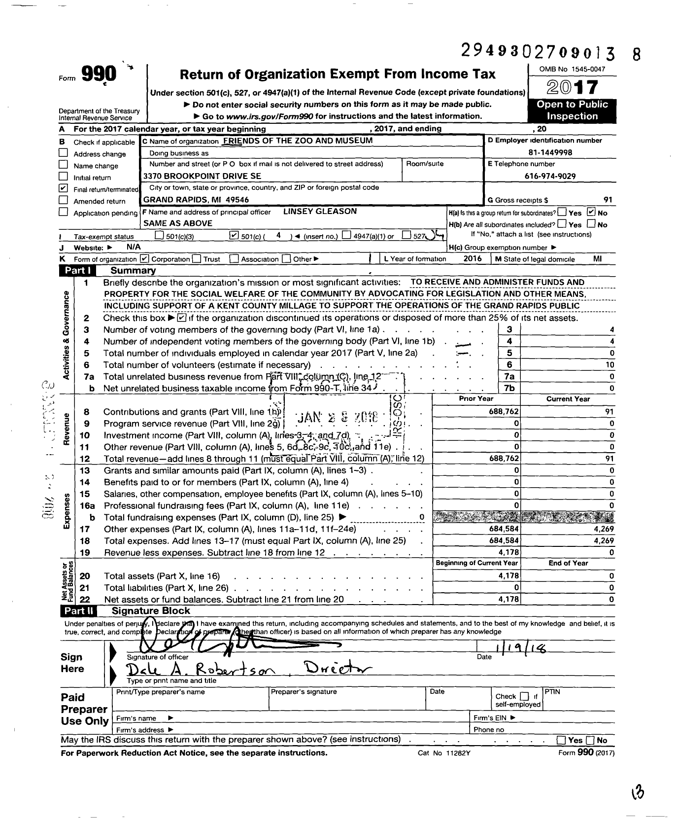 Image of first page of 2017 Form 990O for Friends of the Zoo and Museum