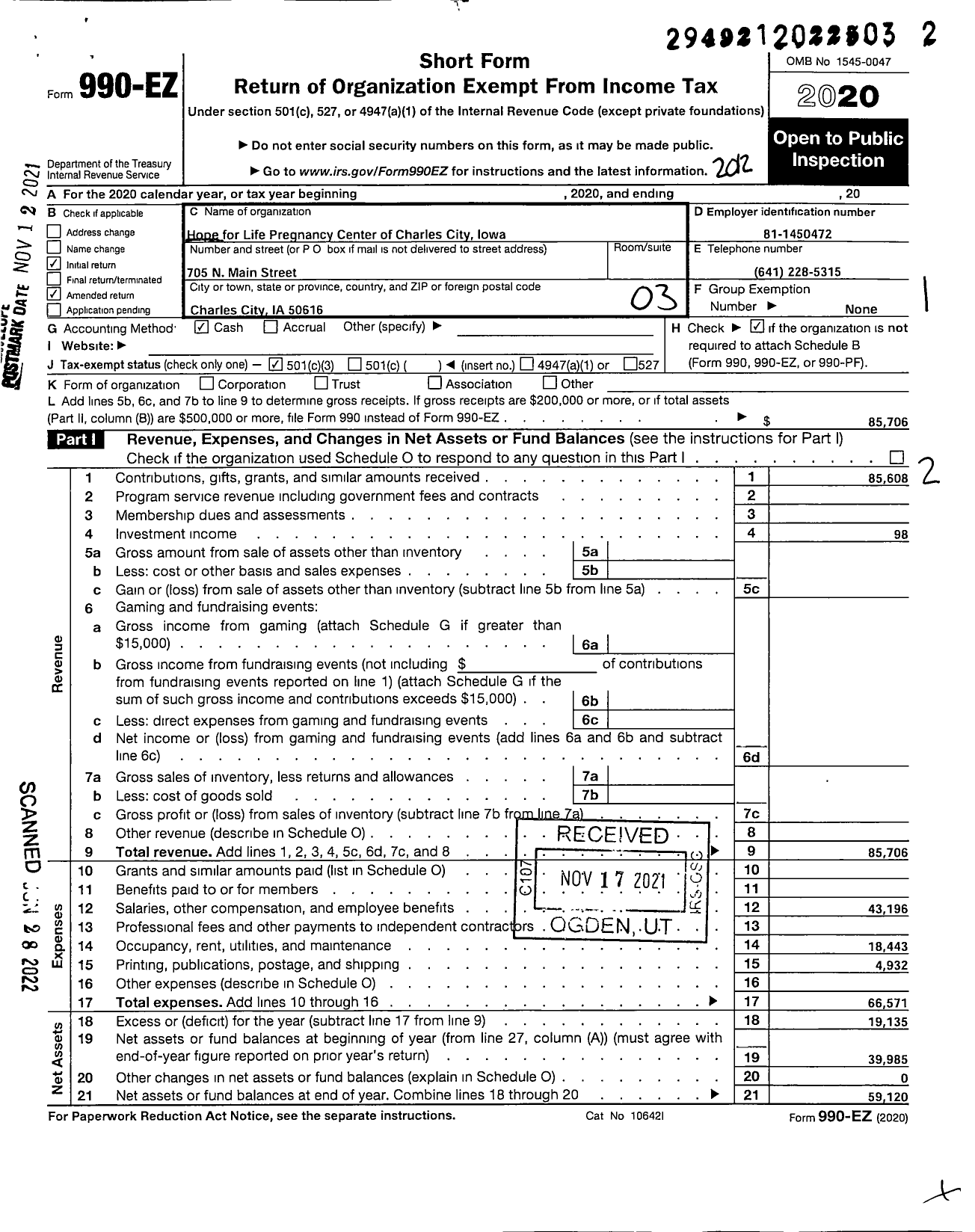 Image of first page of 2020 Form 990EZ for Hope for Life Pregnancy Center of Charles City Iowa