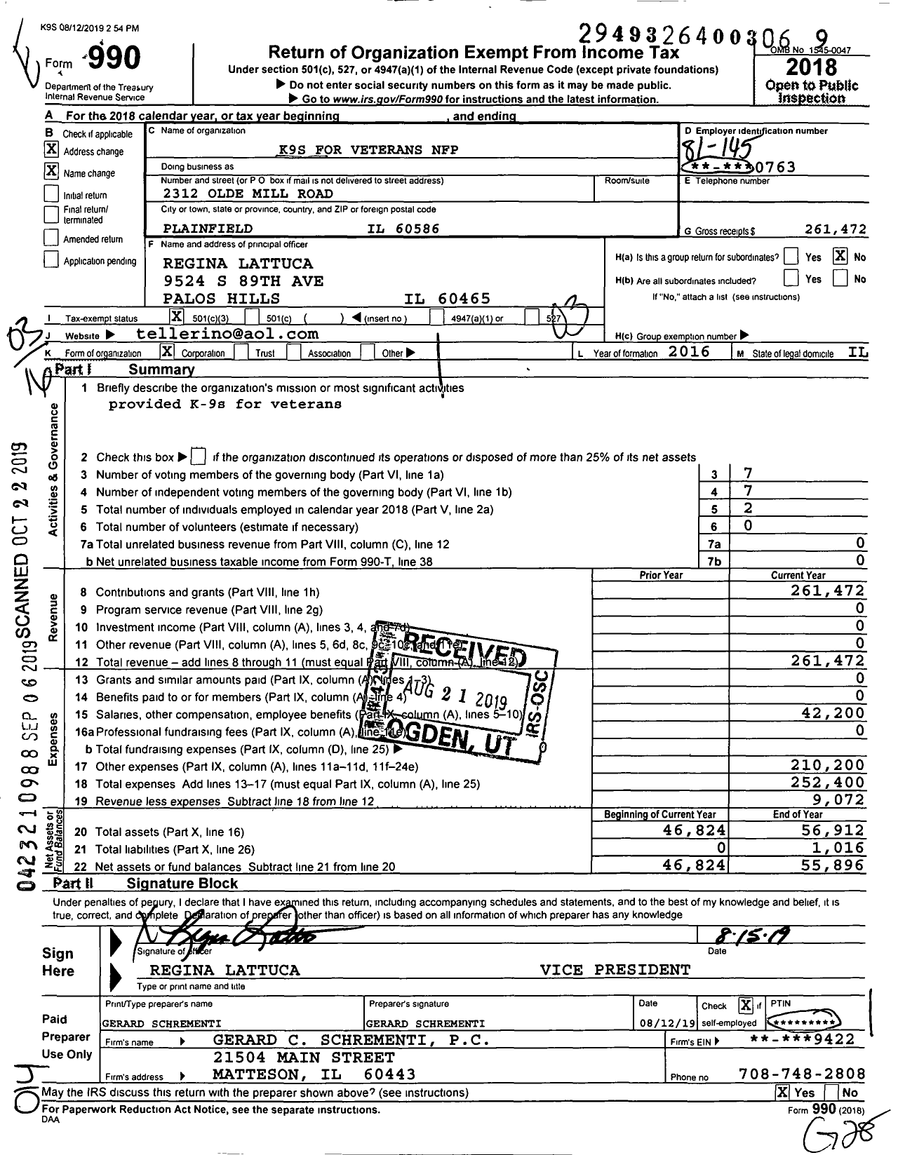 Image of first page of 2018 Form 990 for K9S for Veterans NFP