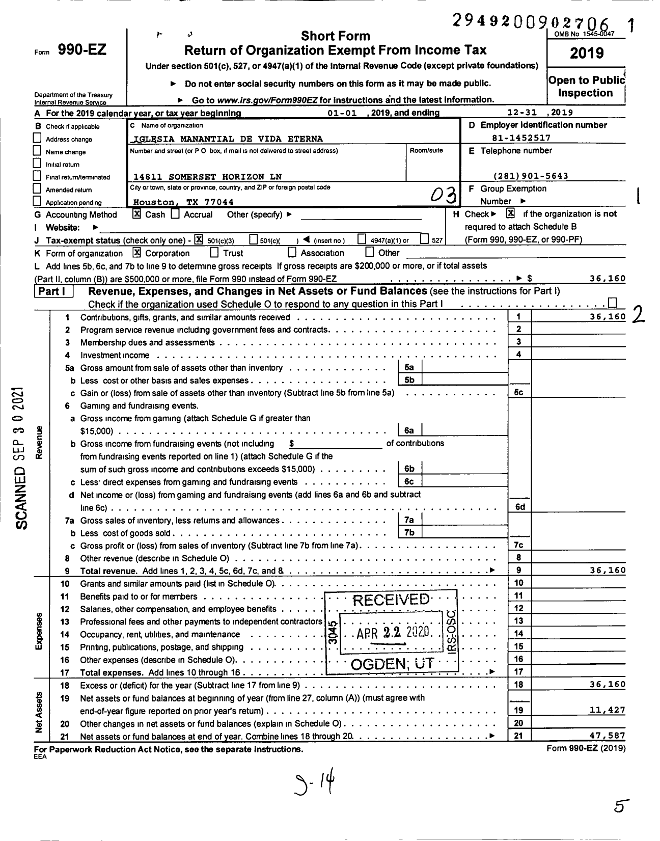 Image of first page of 2019 Form 990EZ for Iglesia Manantial de Vida Eterna