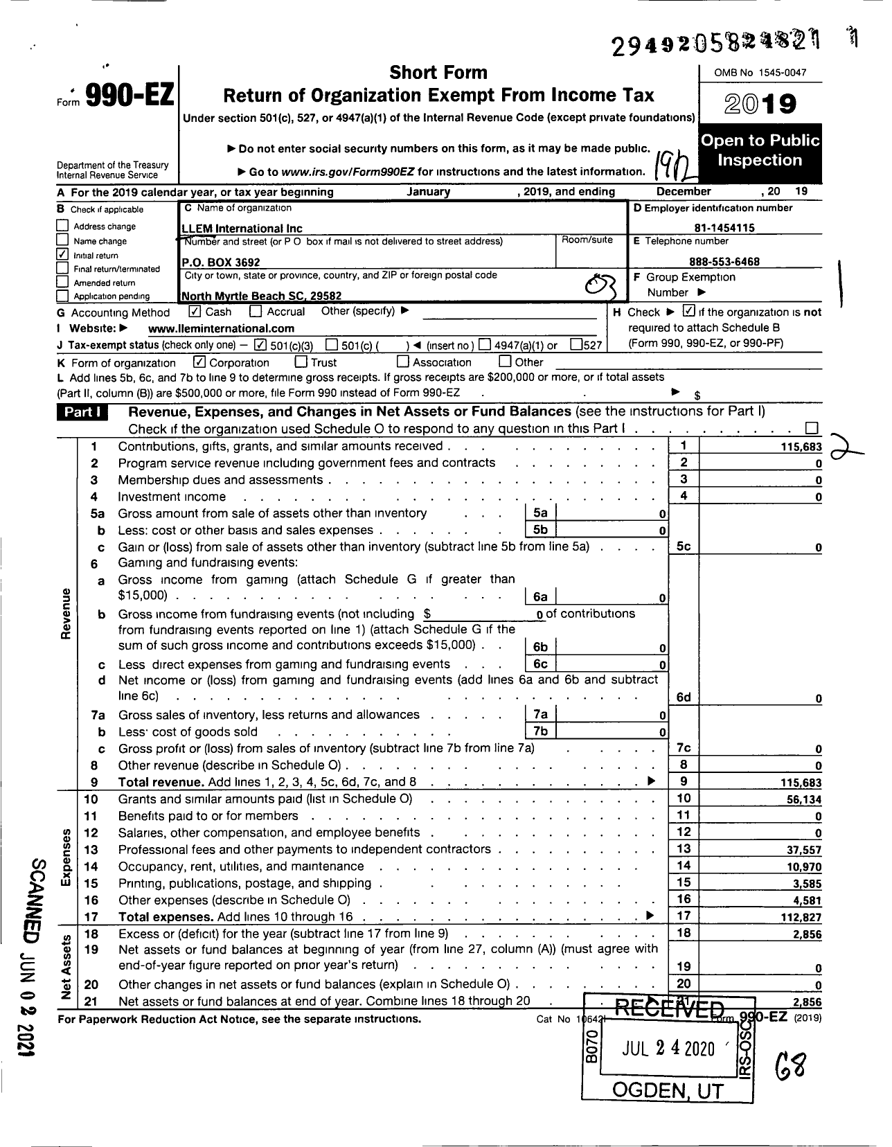 Image of first page of 2019 Form 990EZ for Llem International