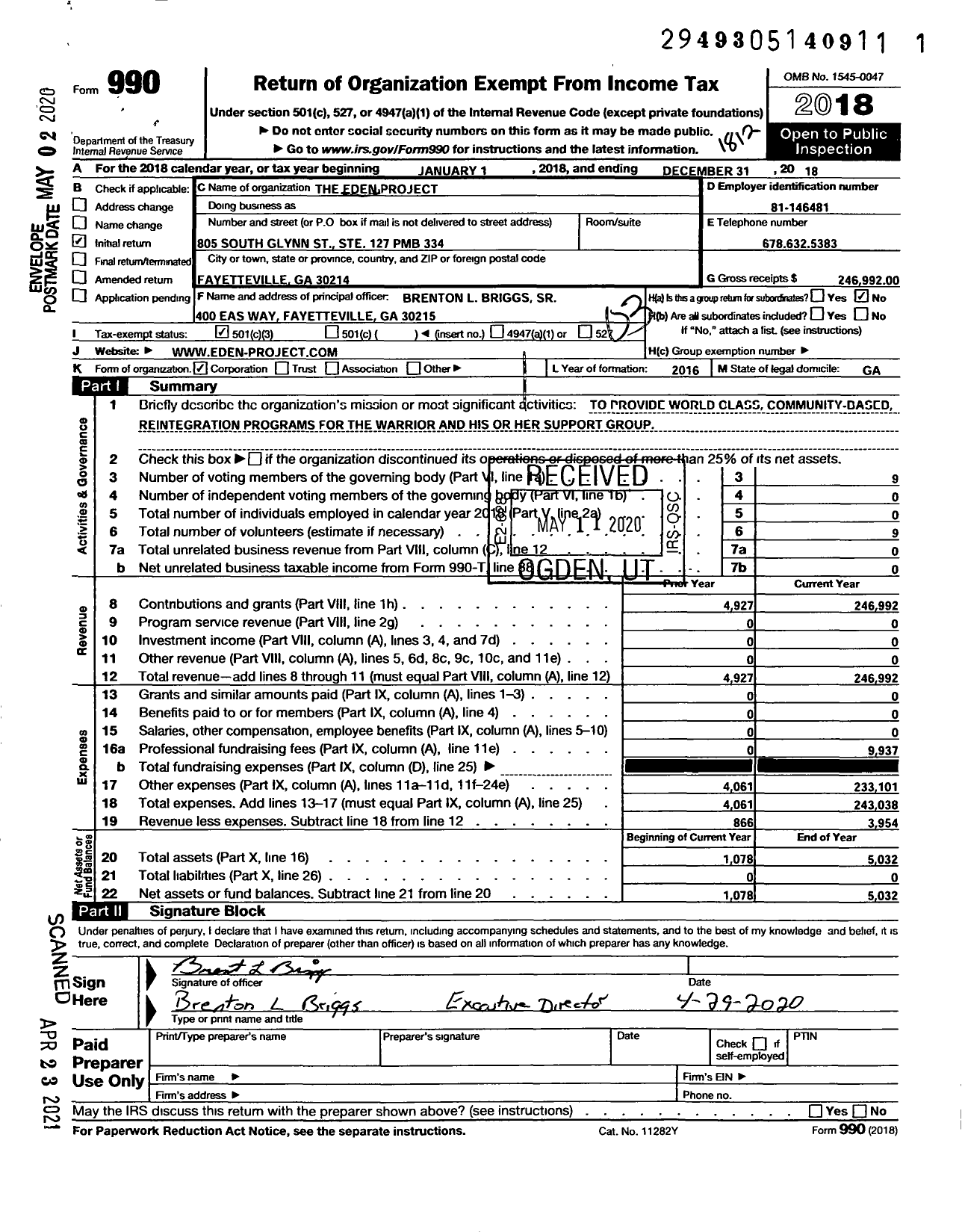 Image of first page of 2018 Form 990 for Eden Project - A Warrior Support Foundation