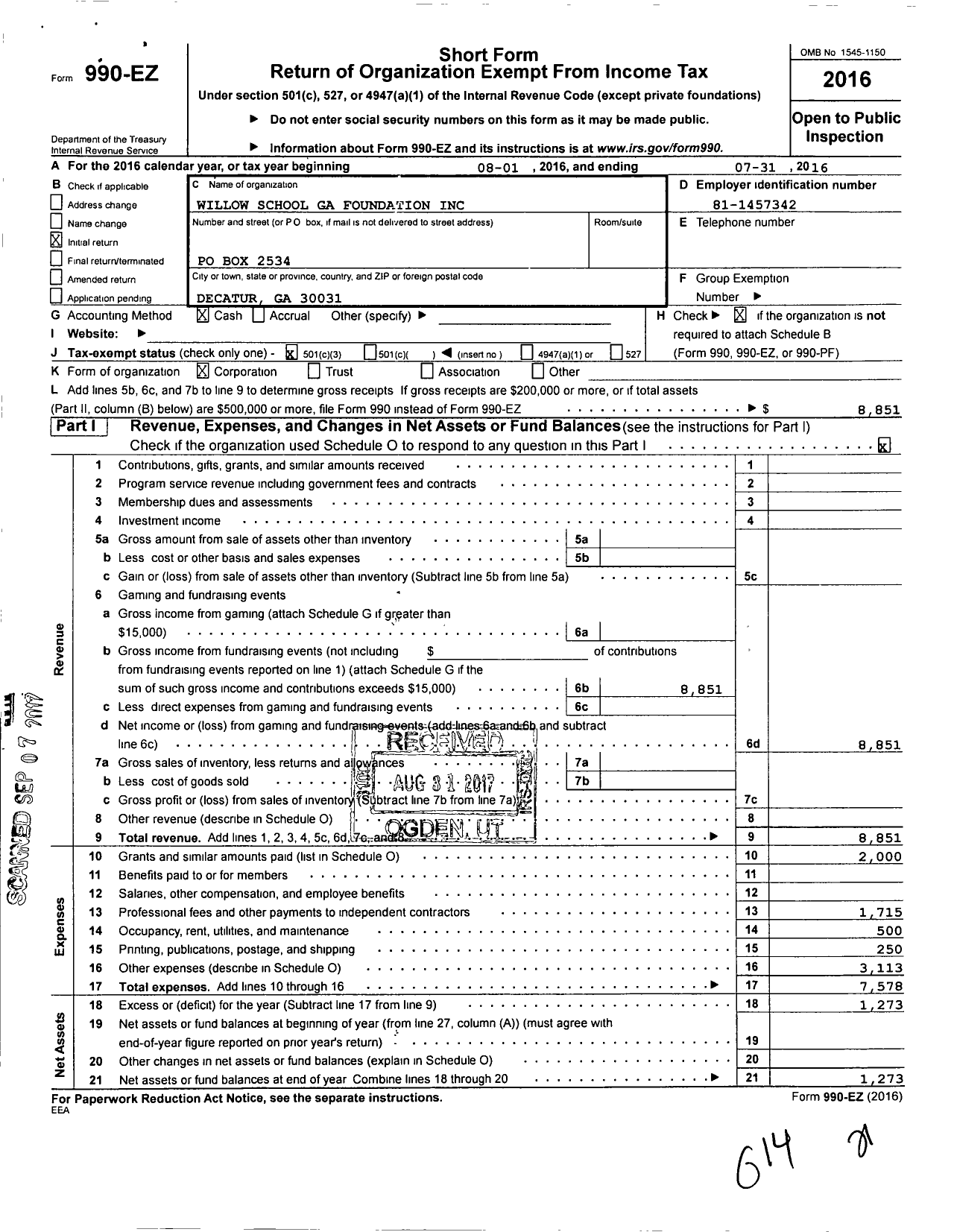 Image of first page of 2015 Form 990EZ for Willow School Ga Foundation