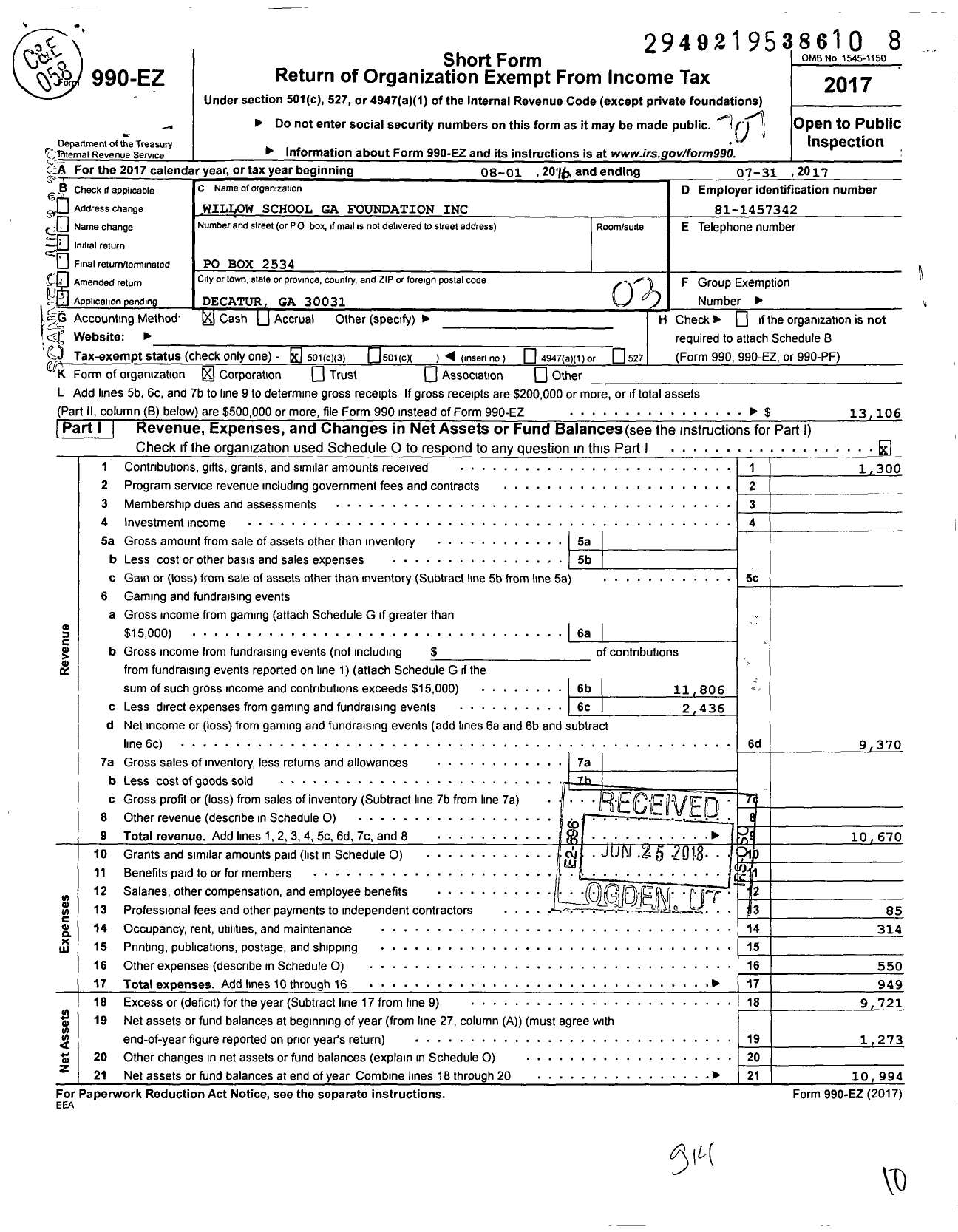 Image of first page of 2016 Form 990EZ for Willow School Ga Foundation