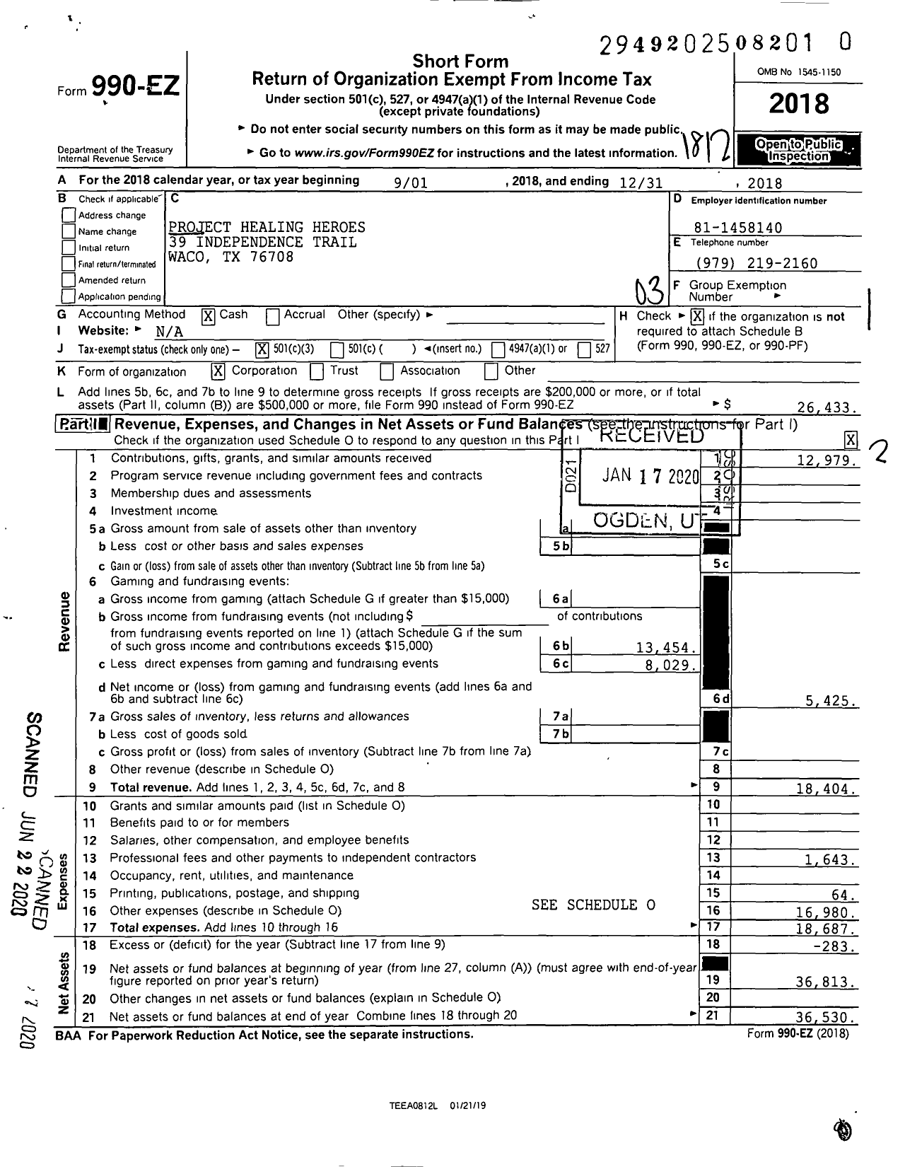 Image of first page of 2018 Form 990EZ for Project Healing Heroes