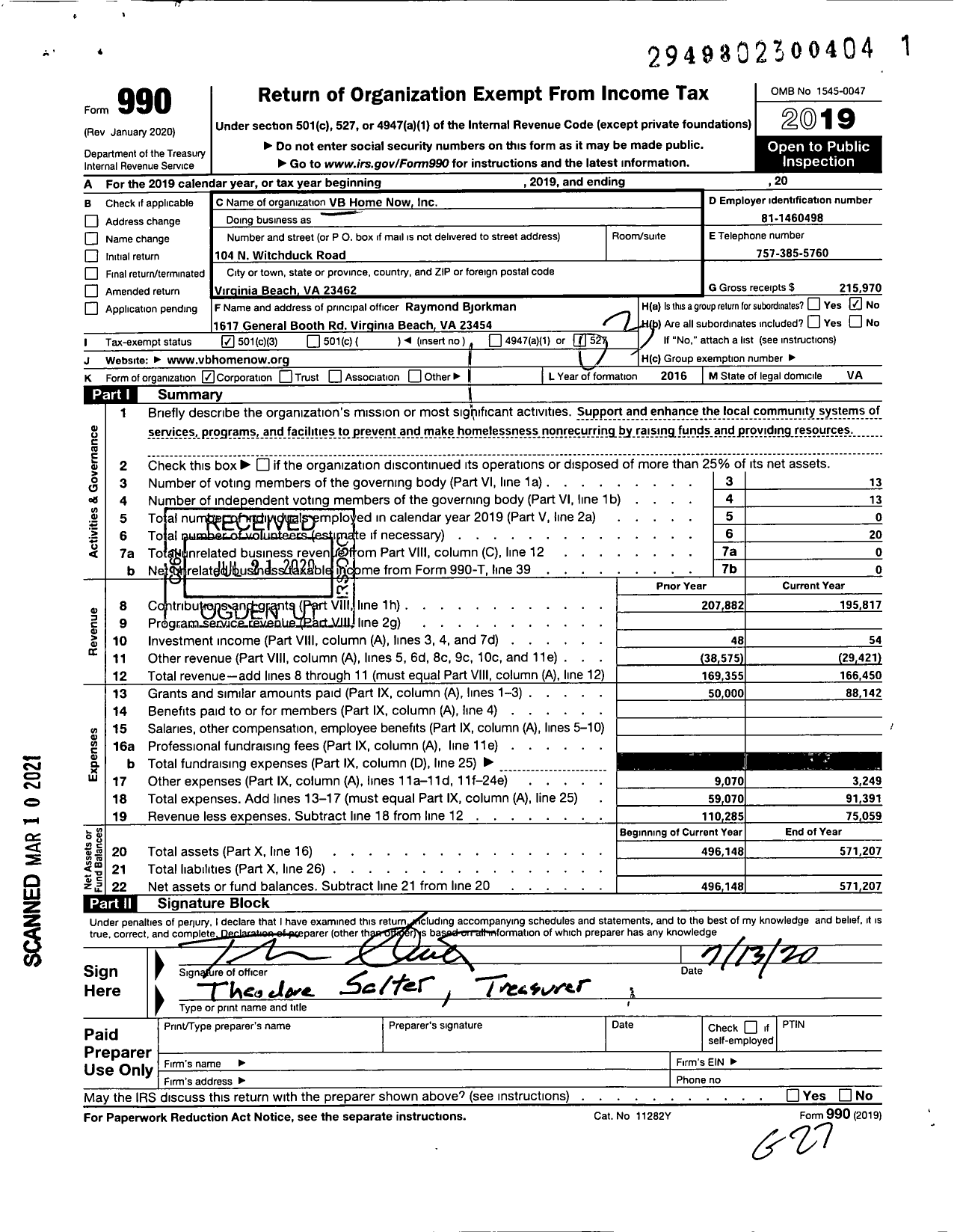 Image of first page of 2019 Form 990 for VB Home Now