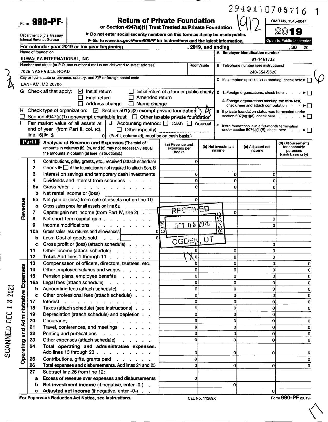 Image of first page of 2019 Form 990PF for Kuwalea International