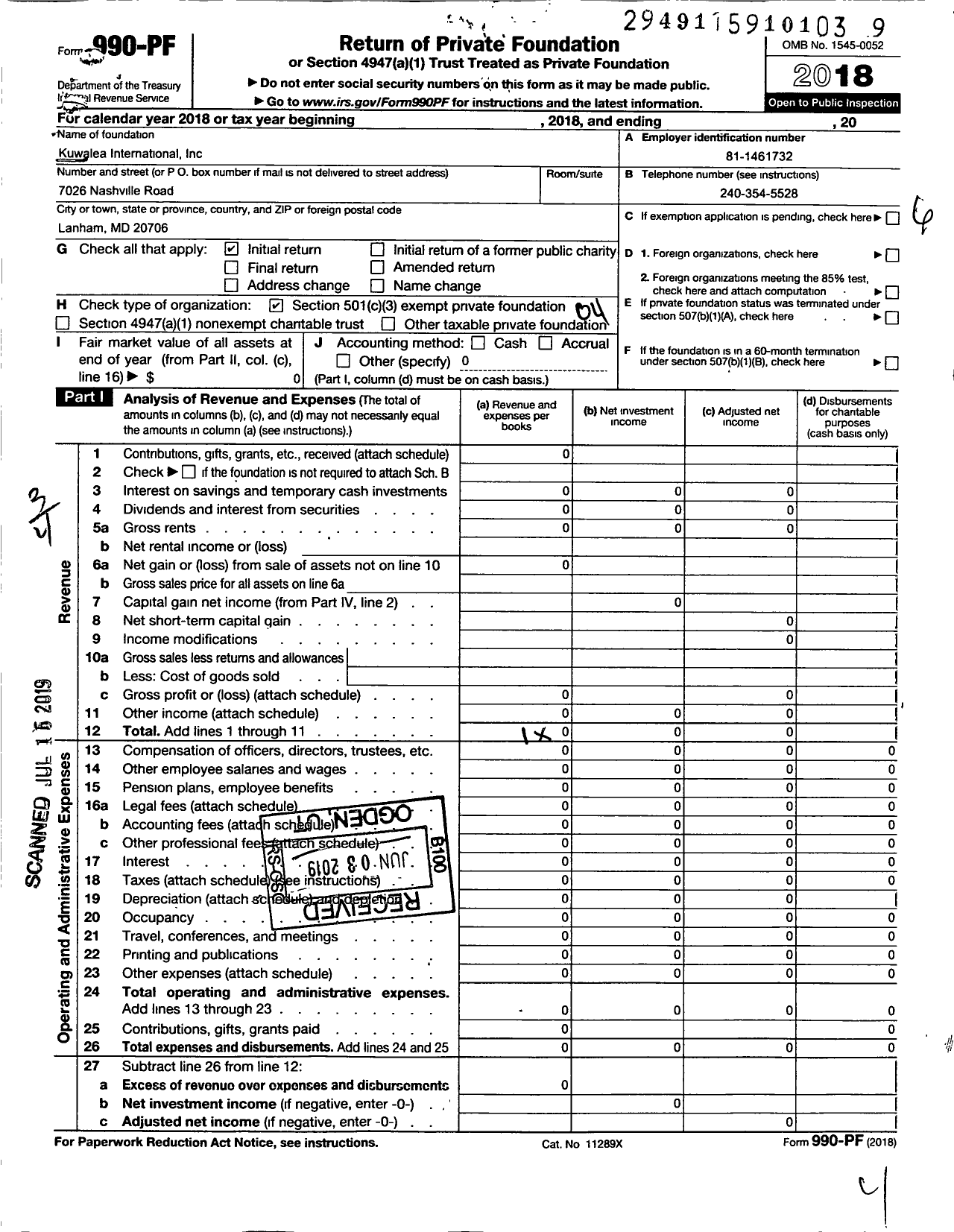 Image of first page of 2018 Form 990PF for Kuwalea International