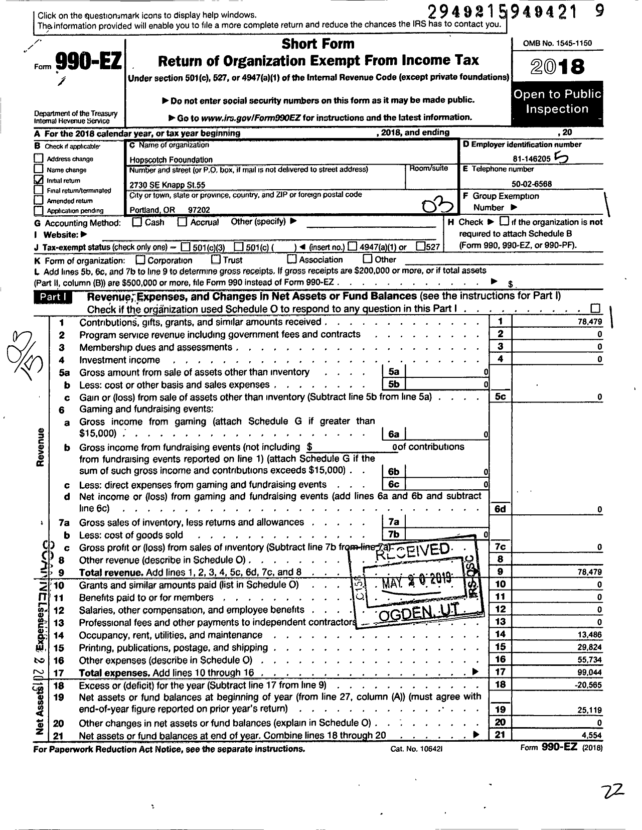 Image of first page of 2018 Form 990EZ for Hopscotch Foundation