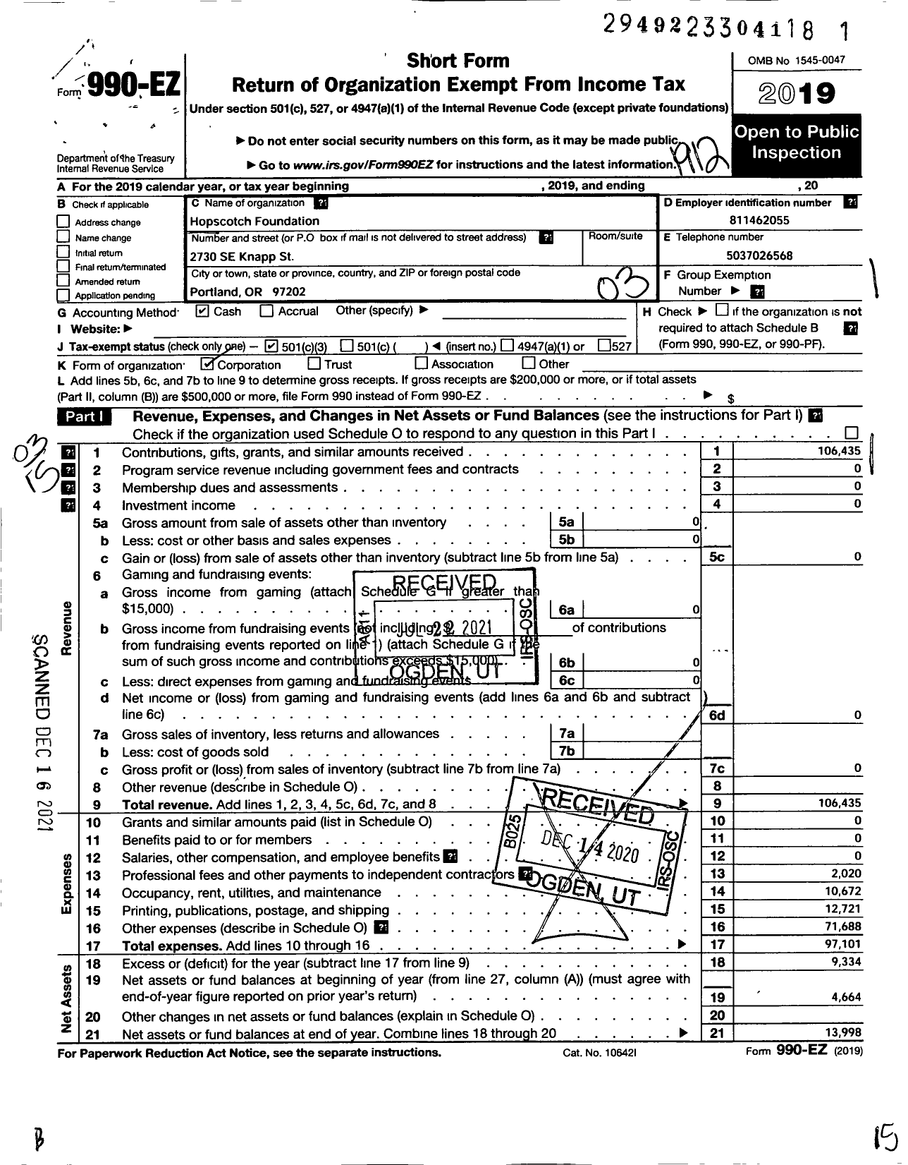 Image of first page of 2019 Form 990EZ for Hopscotch Foundation