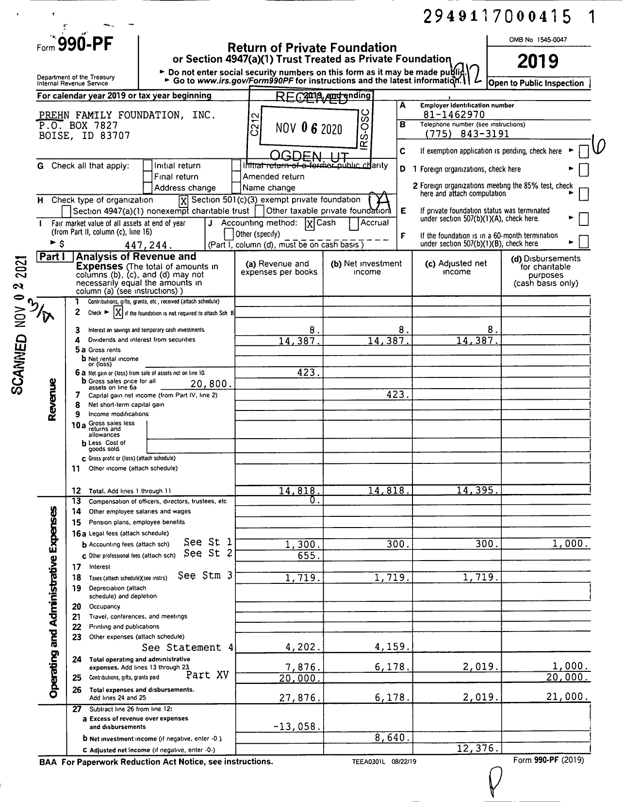 Image of first page of 2019 Form 990PF for Prehn Family Foundation