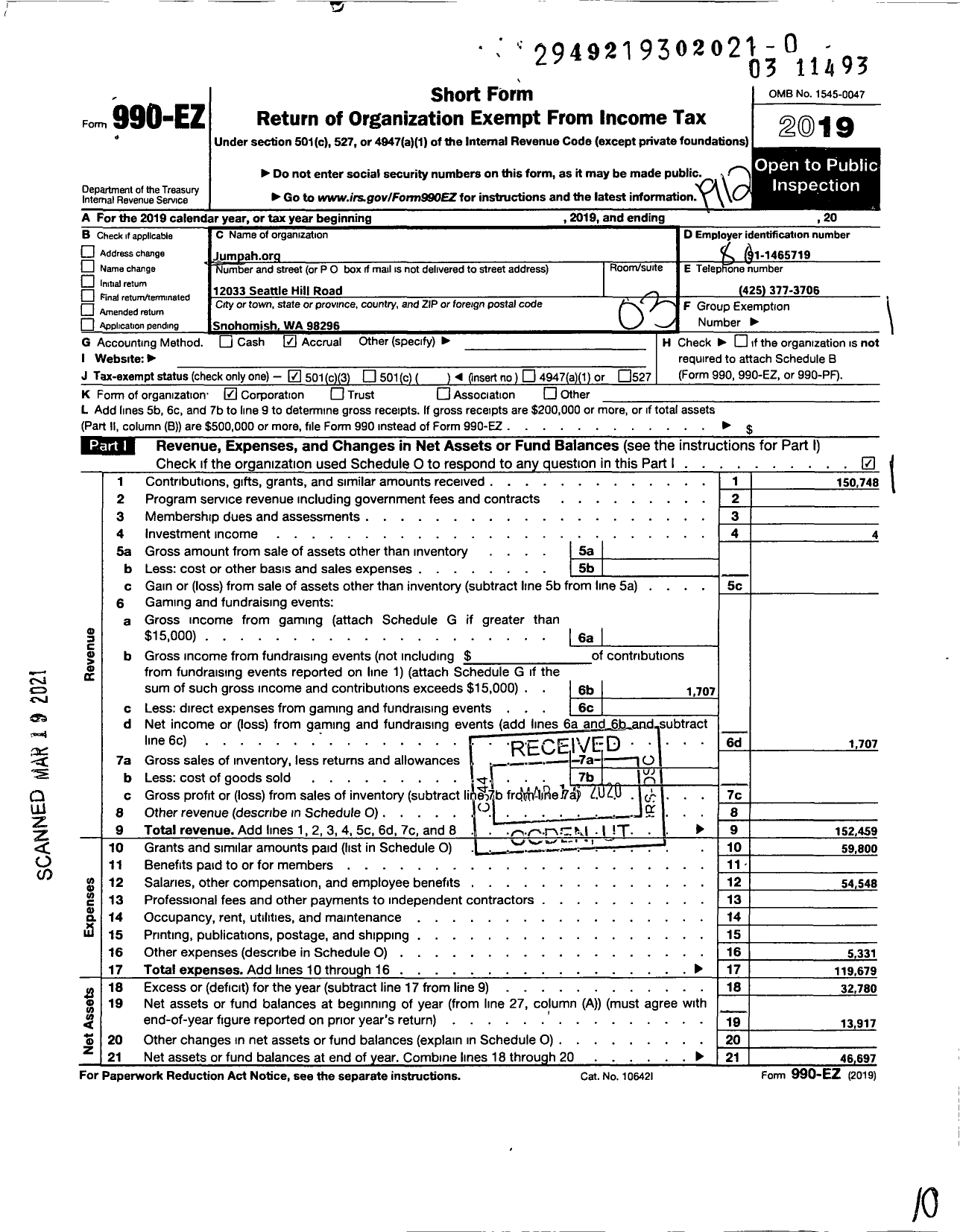 Image of first page of 2019 Form 990EZ for Jumpah Org