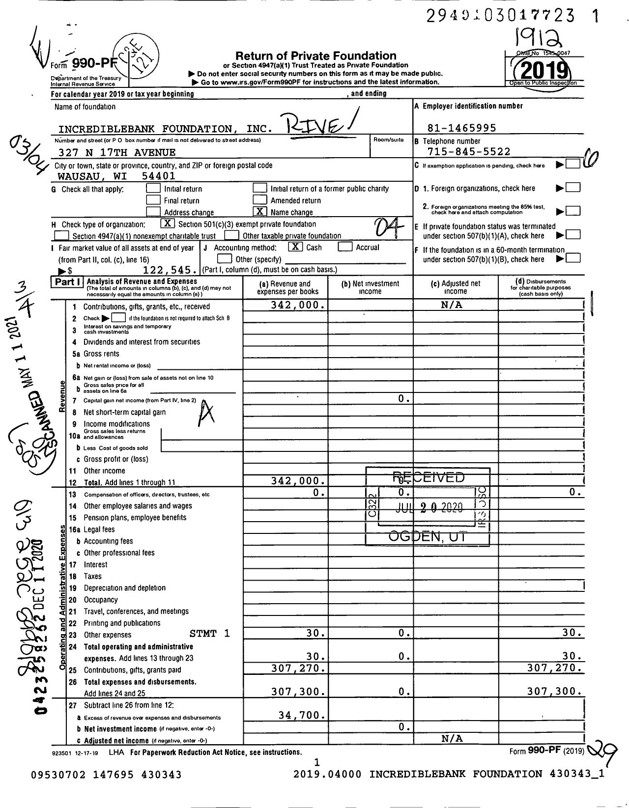 Image of first page of 2019 Form 990PF for Incrediblebank Foundation