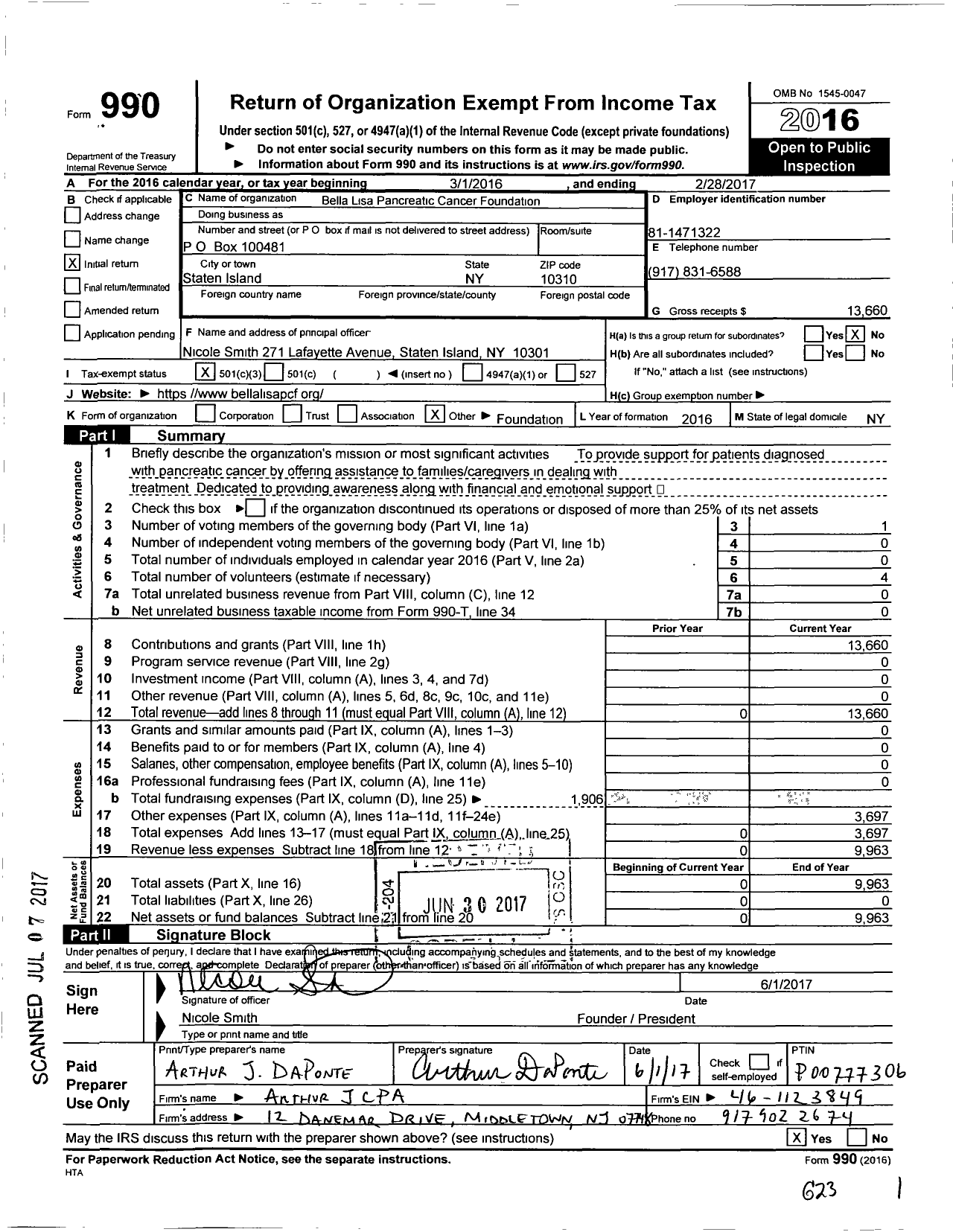 Image of first page of 2016 Form 990 for Bella Lisa Pancreatic Cancer Foundation