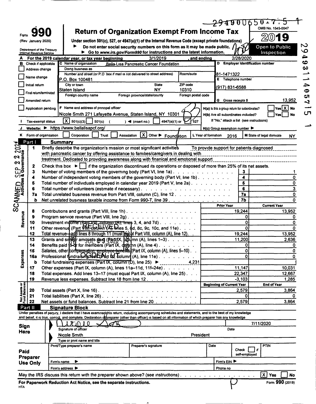 Image of first page of 2019 Form 990 for Bella Lisa Pancreatic Cancer Foundation