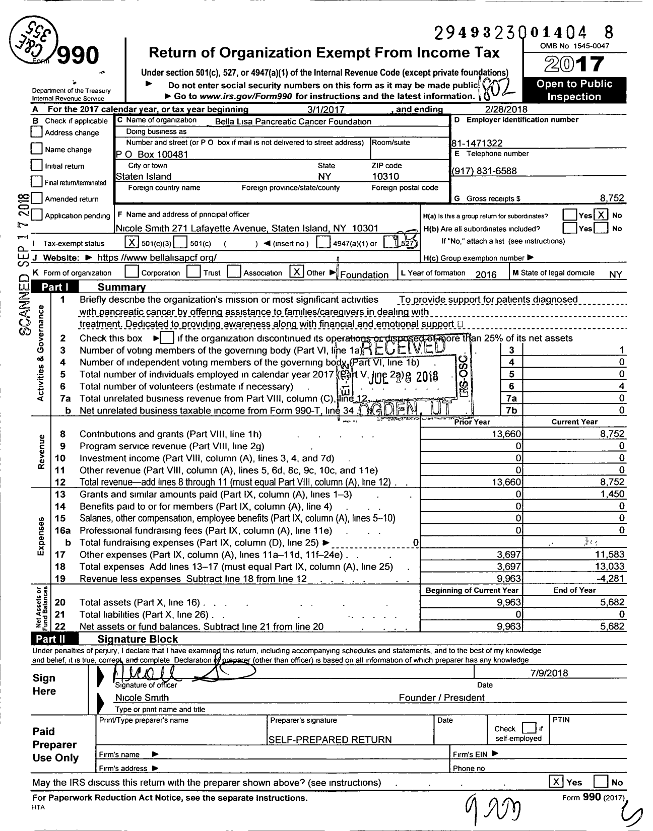 Image of first page of 2017 Form 990 for Bella Lisa Pancreatic Cancer Foundation