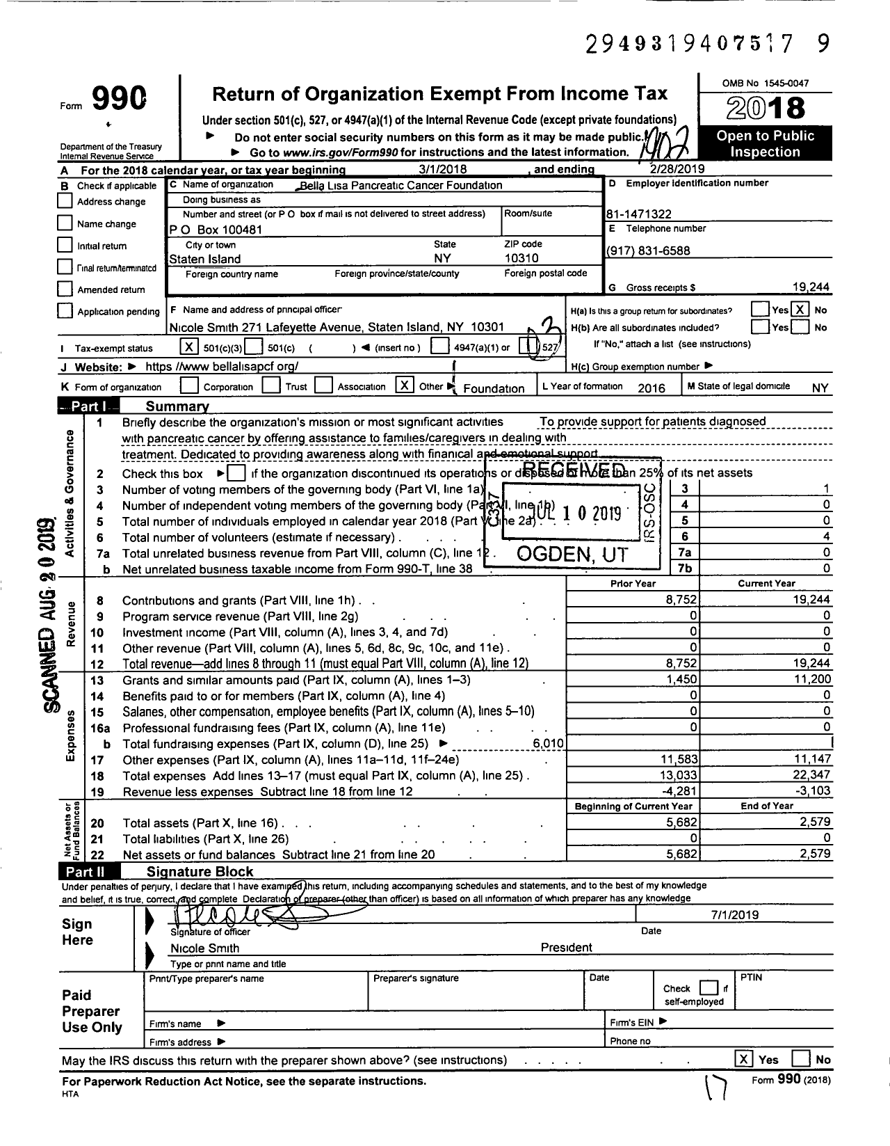 Image of first page of 2018 Form 990 for Bella Lisa Pancreatic Cancer Foundation