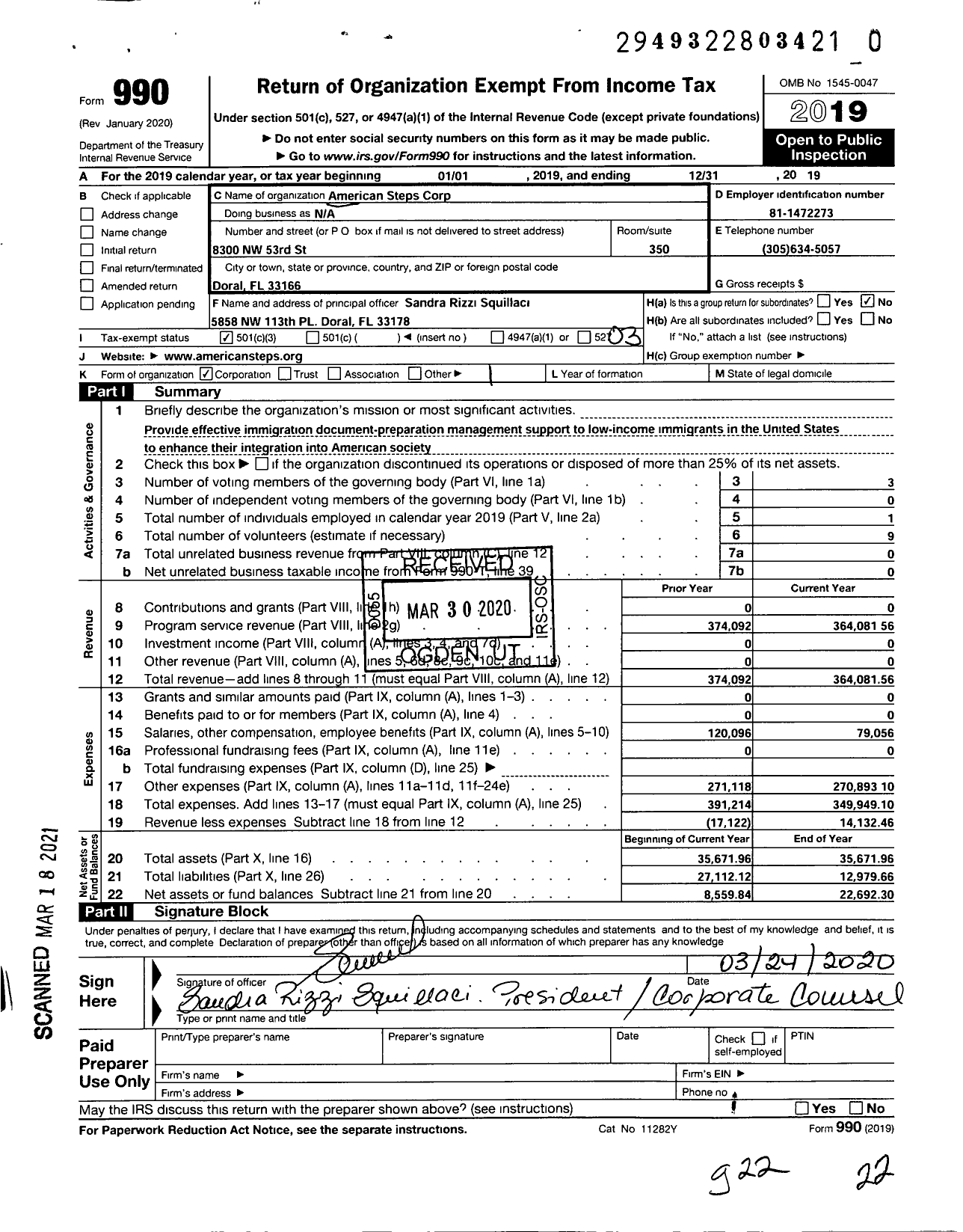 Image of first page of 2019 Form 990 for American Steps Corporation