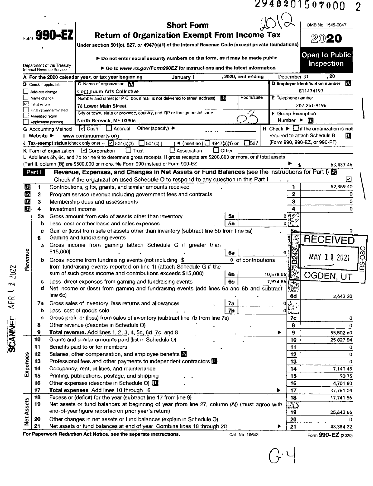 Image of first page of 2020 Form 990EZ for Continuum Arts Collective