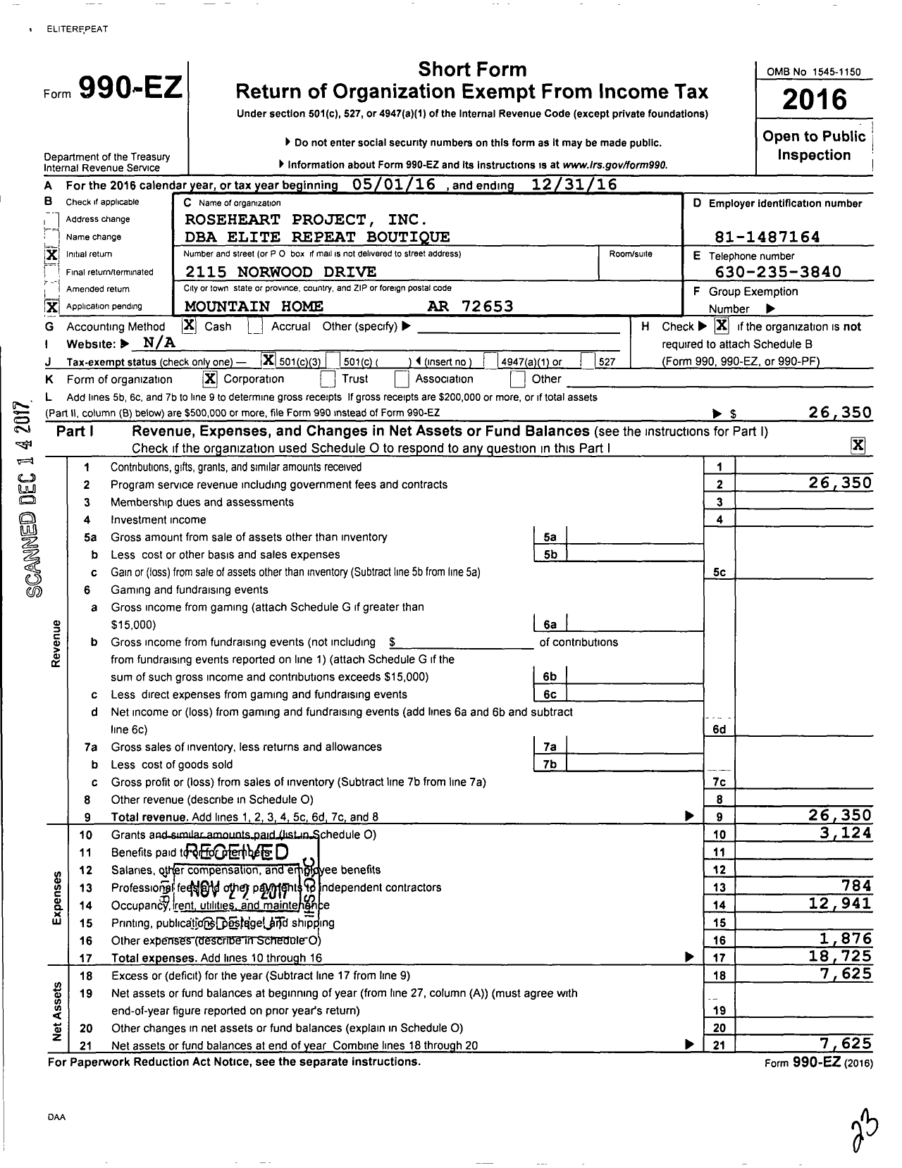 Image of first page of 2016 Form 990EZ for Roseheart Project