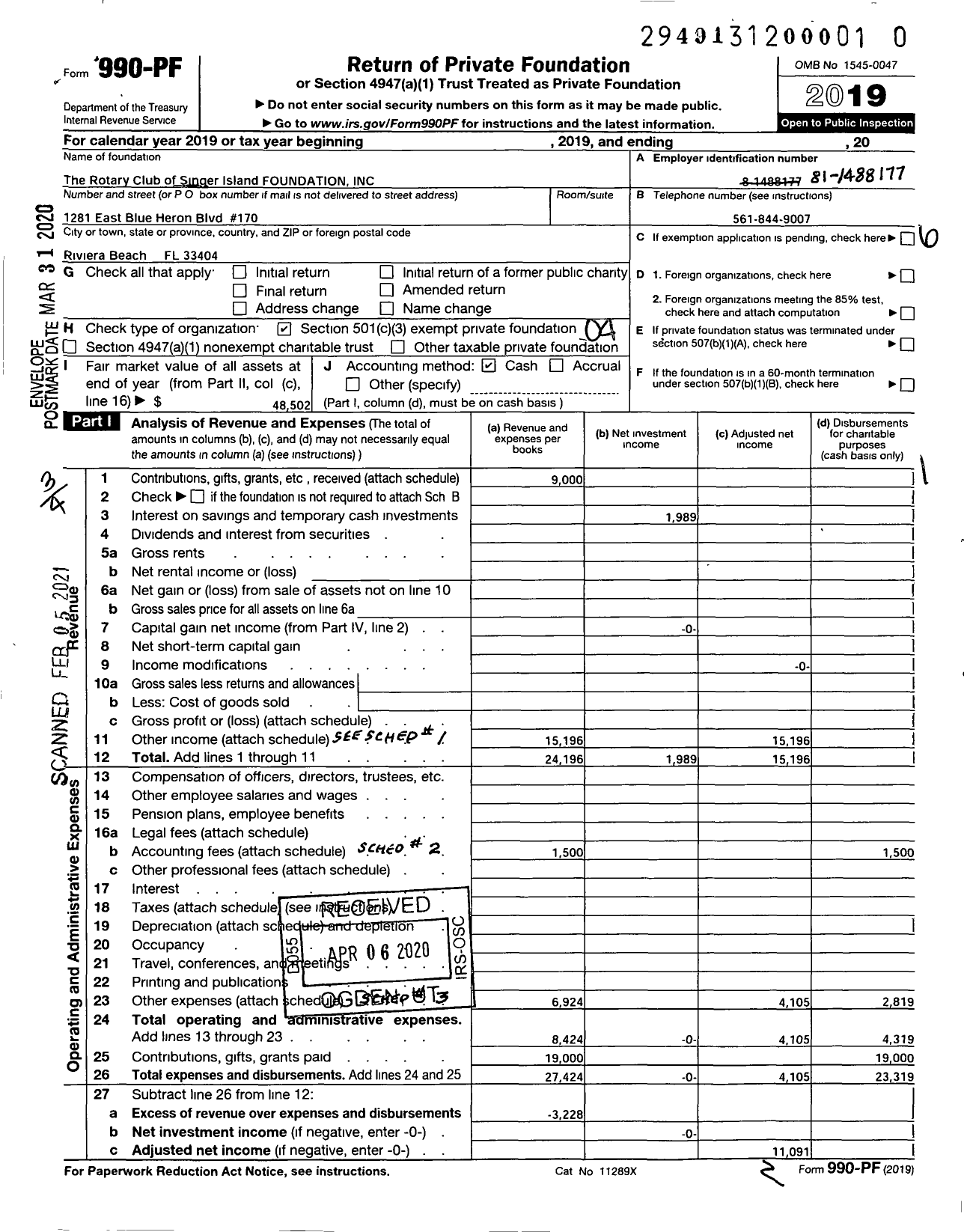 Image of first page of 2019 Form 990PF for The Rotary Club of Singer Island Foundation