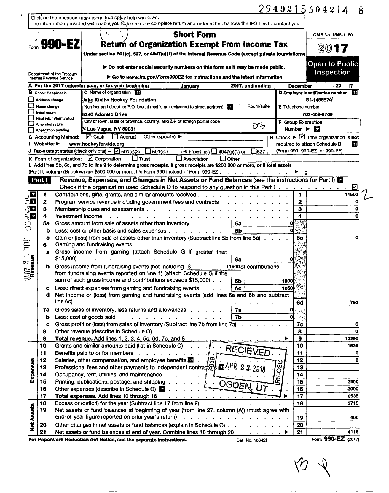 Image of first page of 2017 Form 990EZ for Jake Kielbs Hockey Foundation