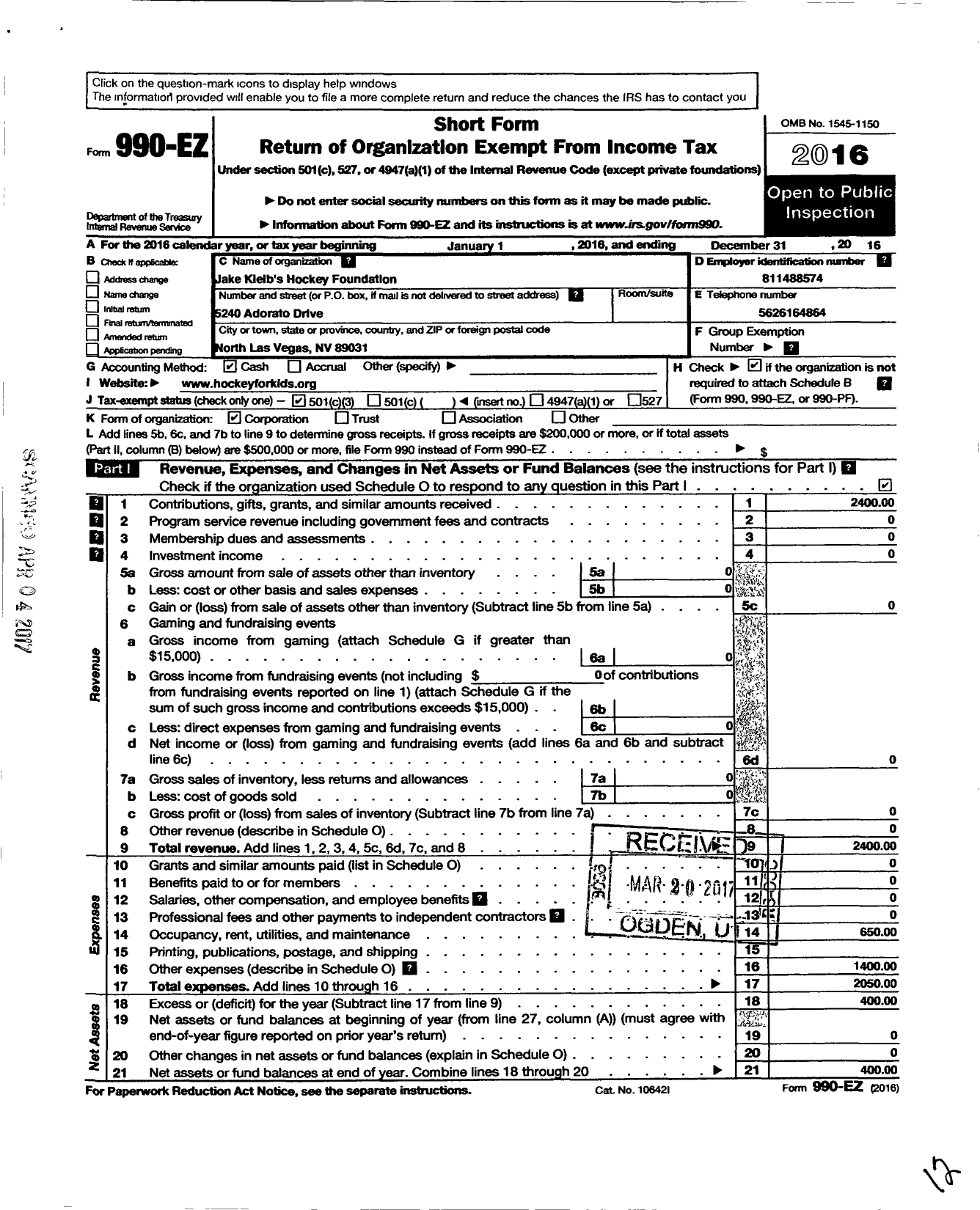Image of first page of 2016 Form 990EZ for Jake Kielbs Hockey Foundation