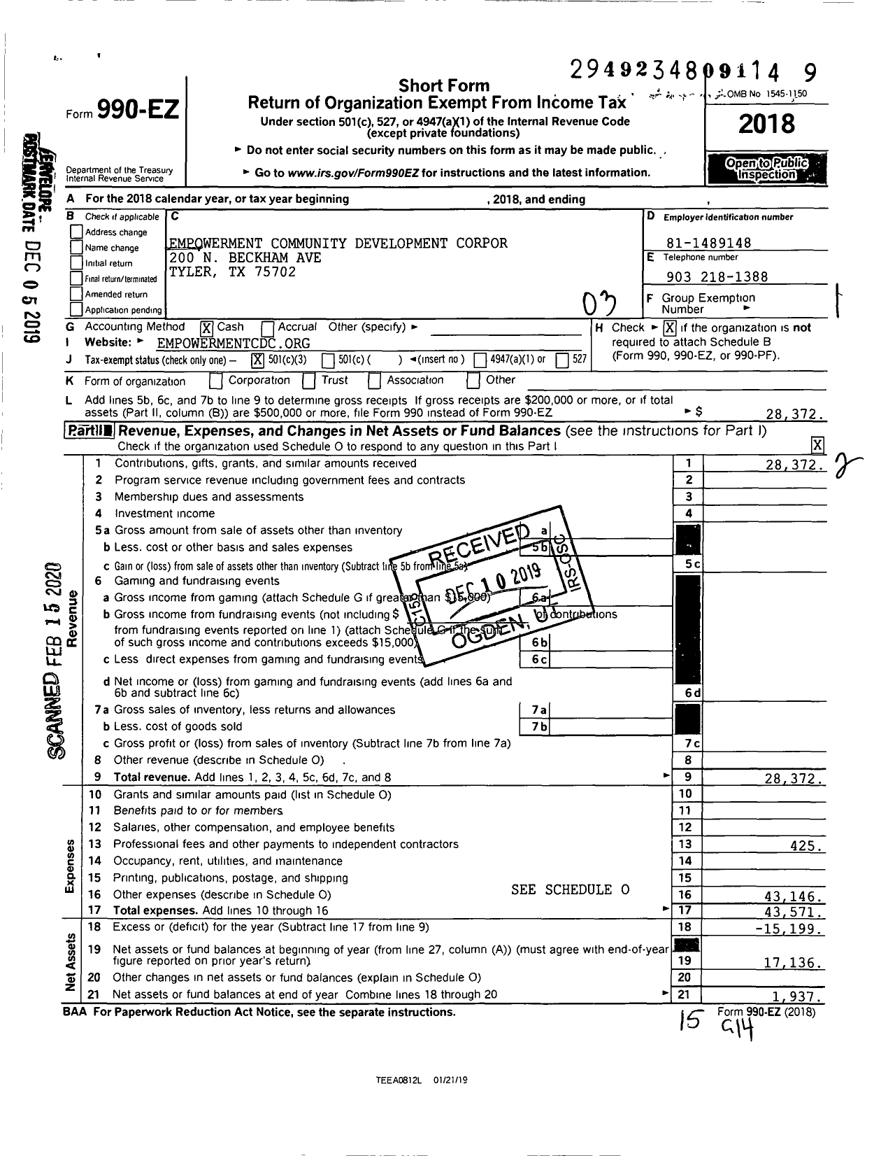 Image of first page of 2018 Form 990EZ for Empowerment Community Development Corporation