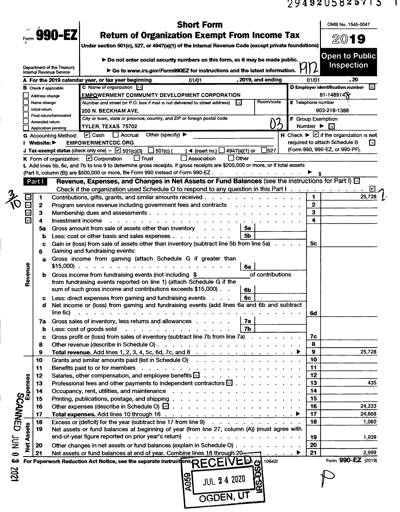 Image of first page of 2019 Form 990EZ for Empowerment Community Development Corporation