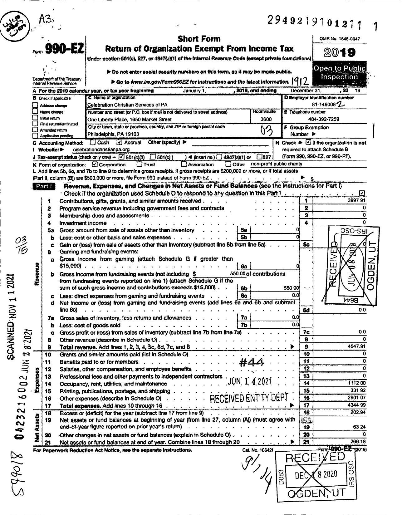 Image of first page of 2019 Form 990EZ for Celebration Christian Services of Pa