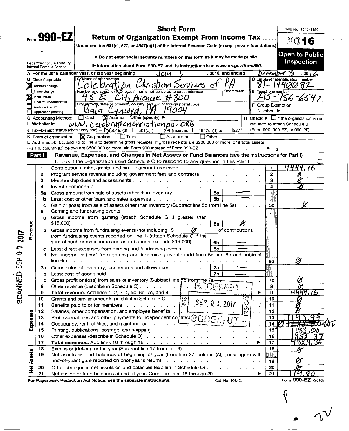 Image of first page of 2016 Form 990EZ for Celebration Christian Services of Pa