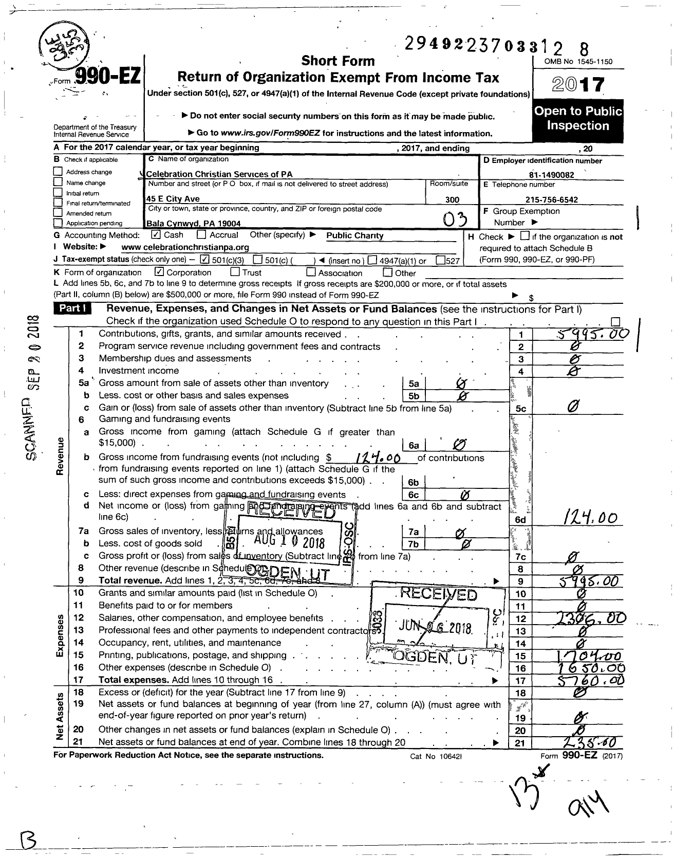 Image of first page of 2017 Form 990EZ for Celebration Christian Services of Pa