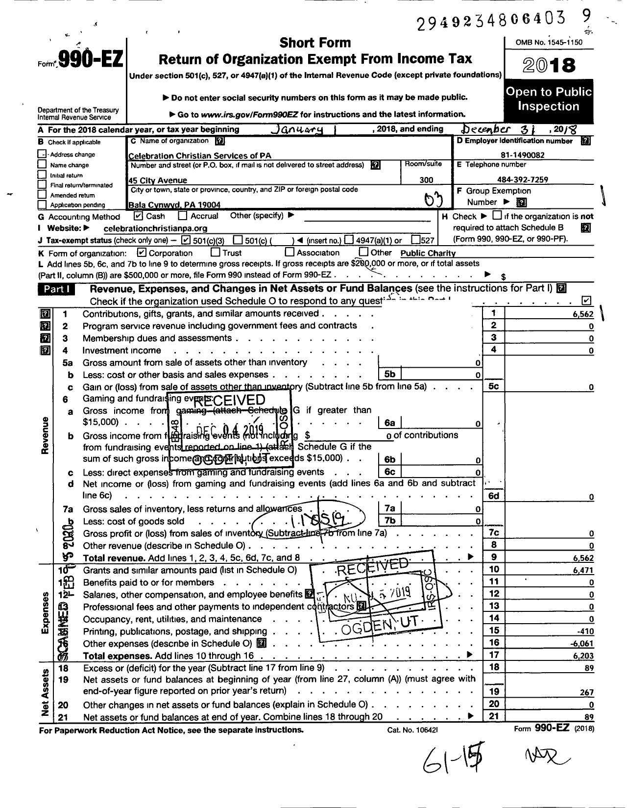 Image of first page of 2018 Form 990EZ for Celebration Christian Services of Pa