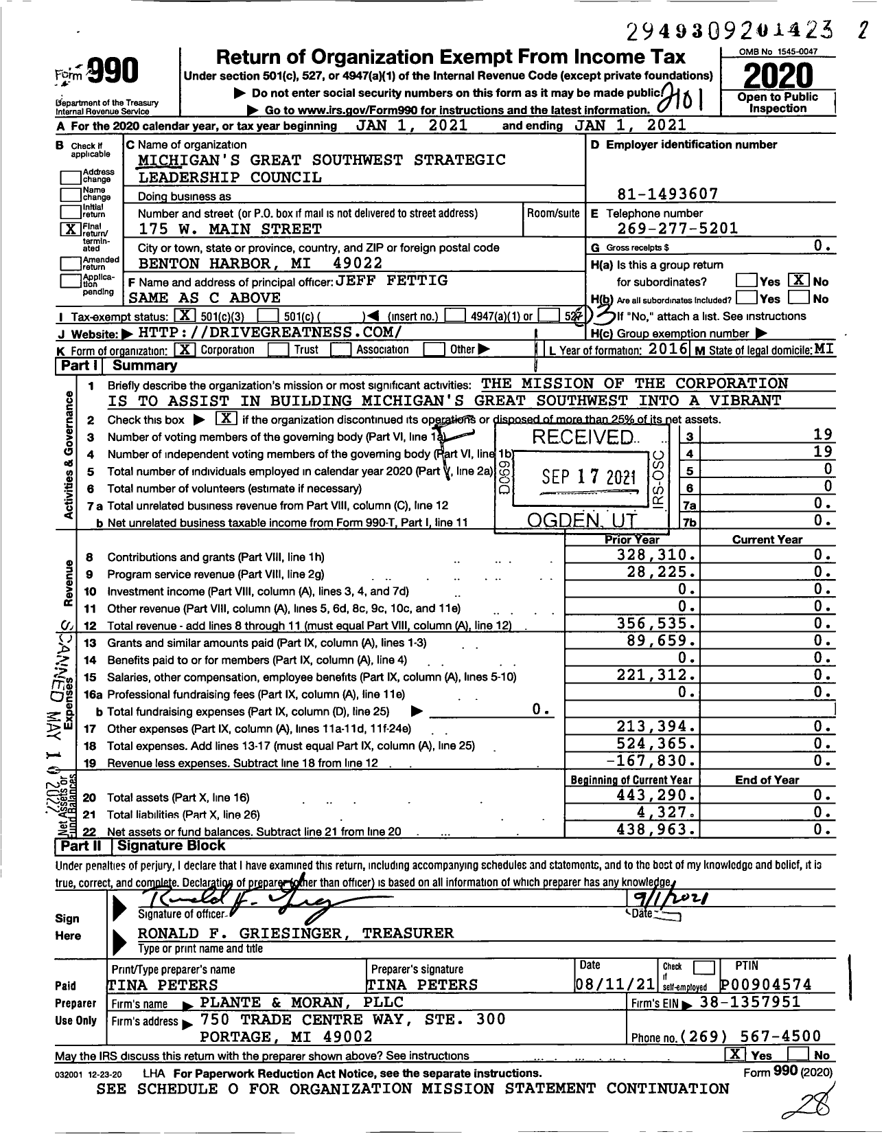 Image of first page of 2020 Form 990 for Michigan's Great Southwest Strategic Leadership Council