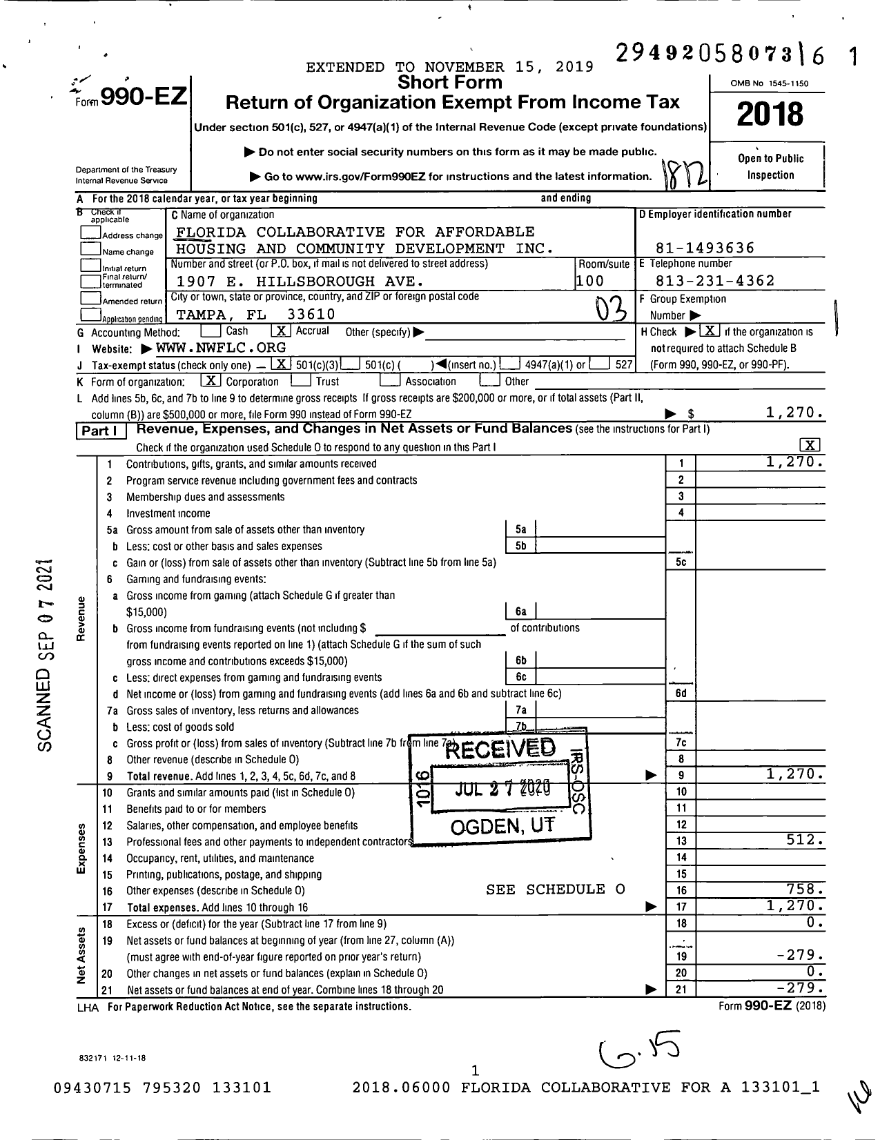 Image of first page of 2018 Form 990EZ for Florida Collaborative for Affordable Housing and Community Development