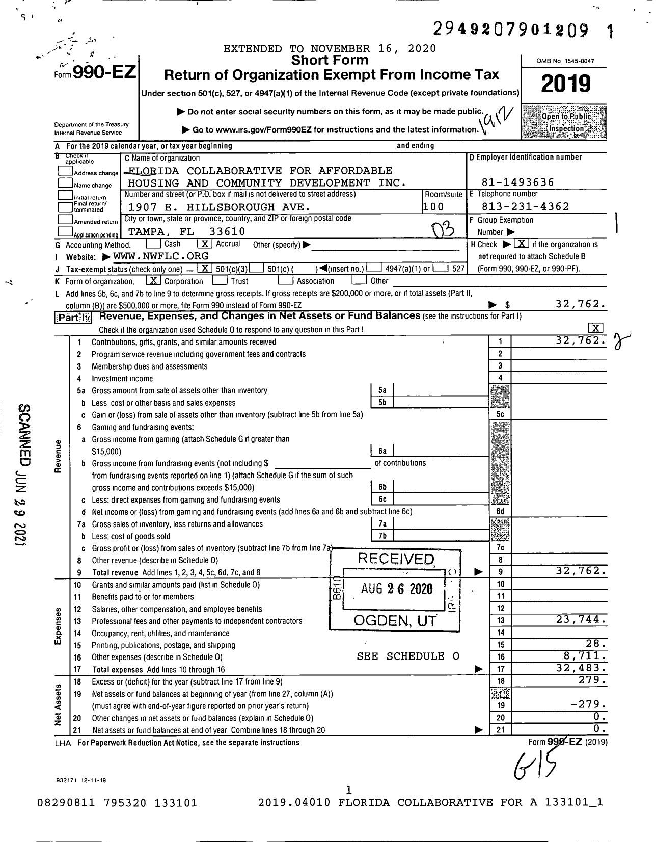 Image of first page of 2019 Form 990EZ for Florida Collaborative for Affordable Housing and Community Development