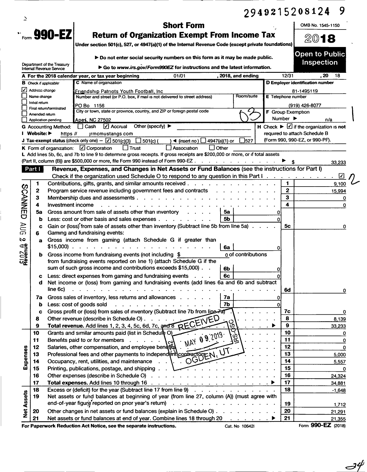 Image of first page of 2018 Form 990EZ for Friendship Patriots Youth Football