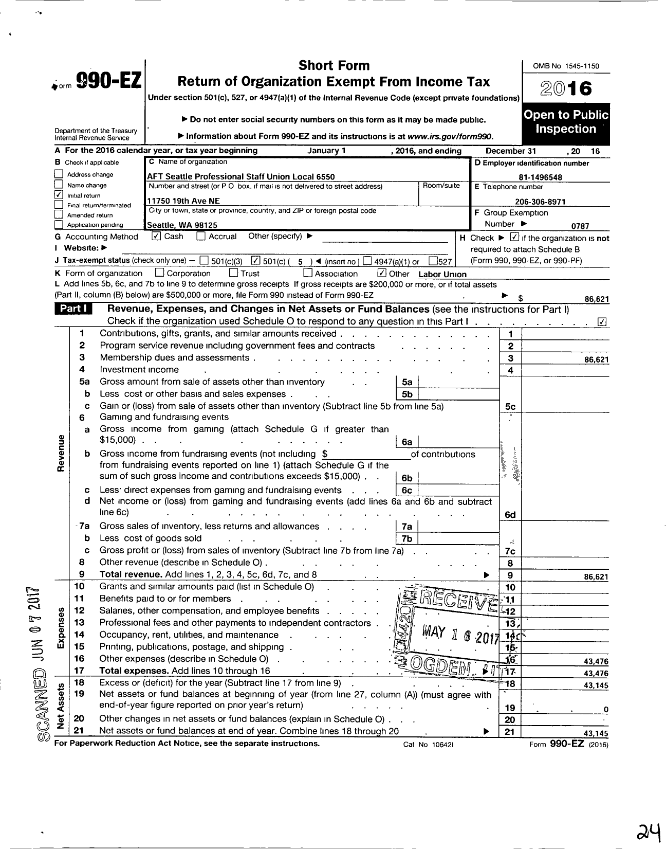 Image of first page of 2016 Form 990EO for American Federation of Teachers - 6550 Aft Seattle Prof Staff Union