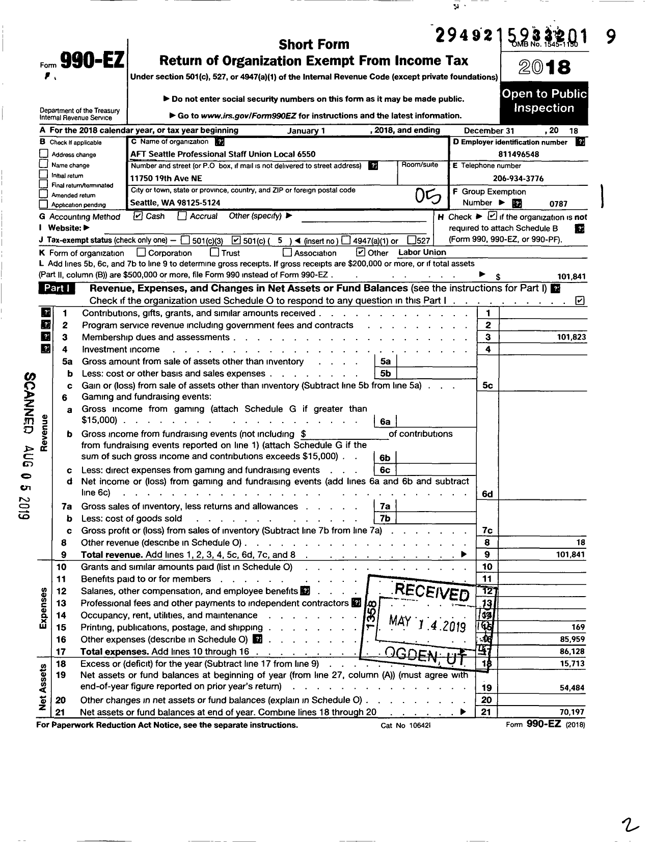 Image of first page of 2018 Form 990EO for American Federation of Teachers - 6550 Aft Seattle Prof Staff Union