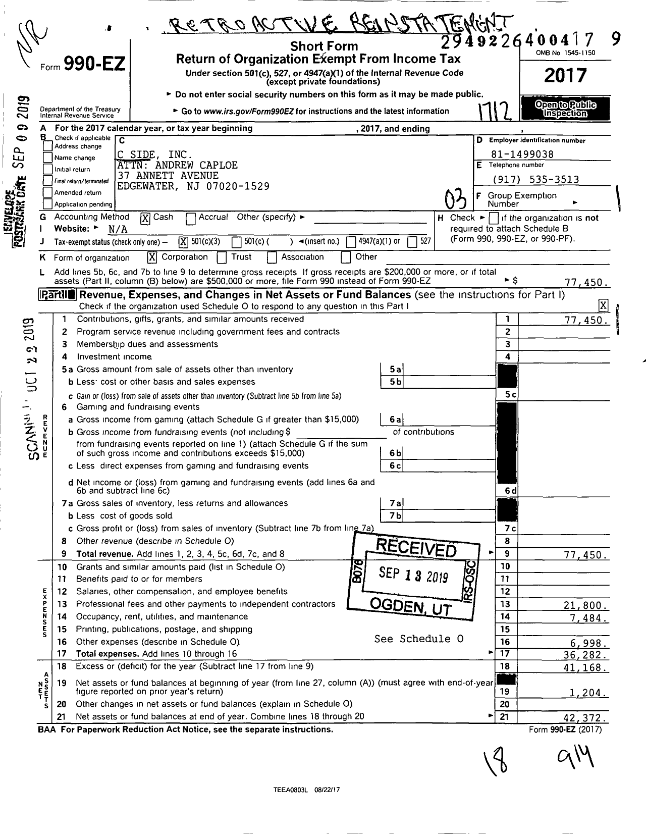 Image of first page of 2017 Form 990EZ for C Side Attn Andrew Caploe