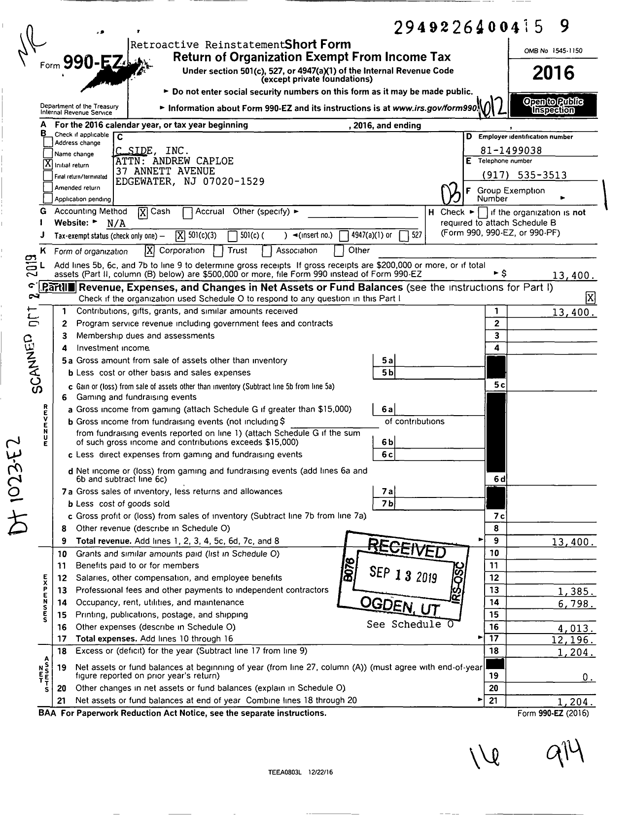 Image of first page of 2016 Form 990EZ for C Side Attn Andrew Caploe