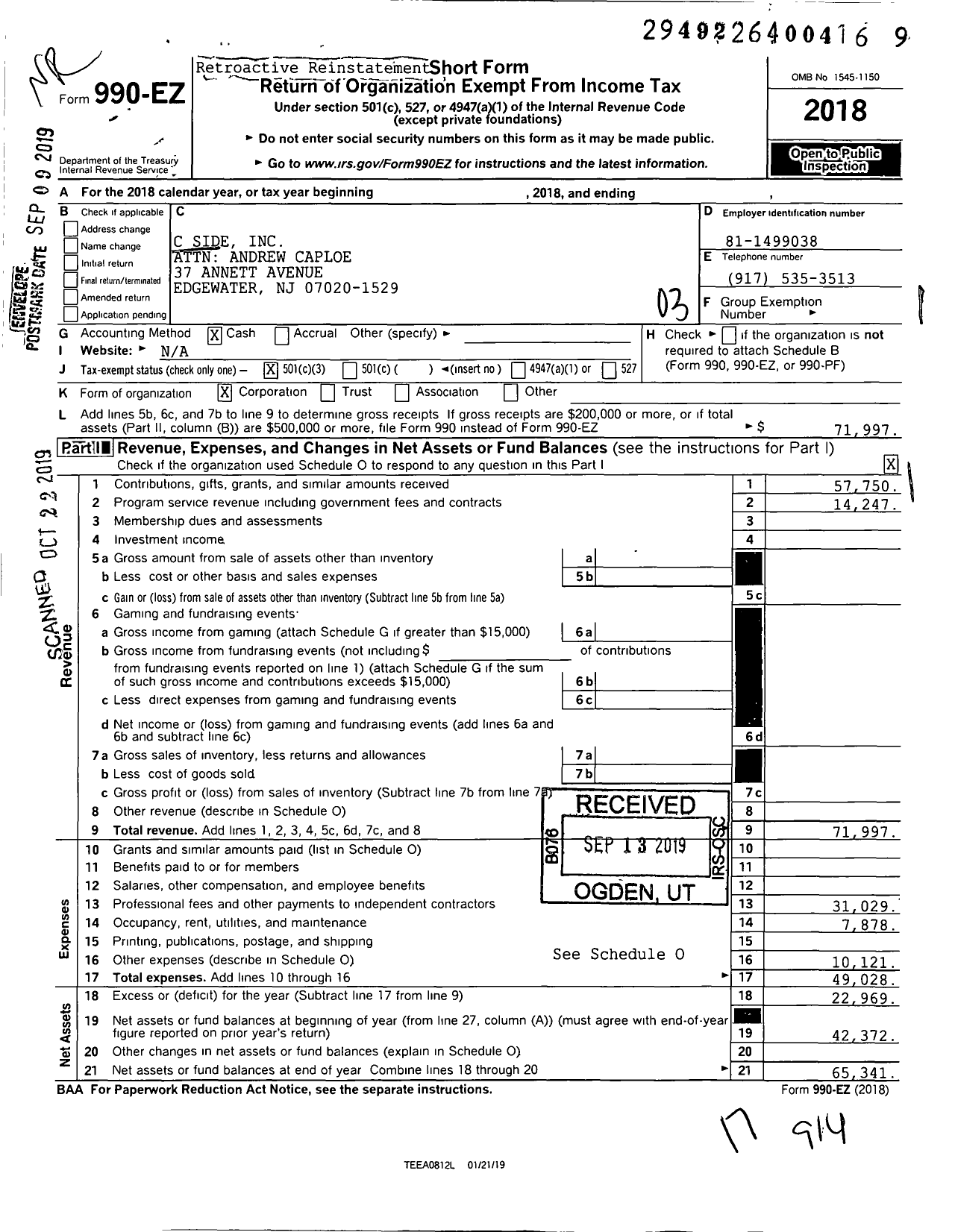 Image of first page of 2018 Form 990EZ for C Side Attn Andrew Caploe