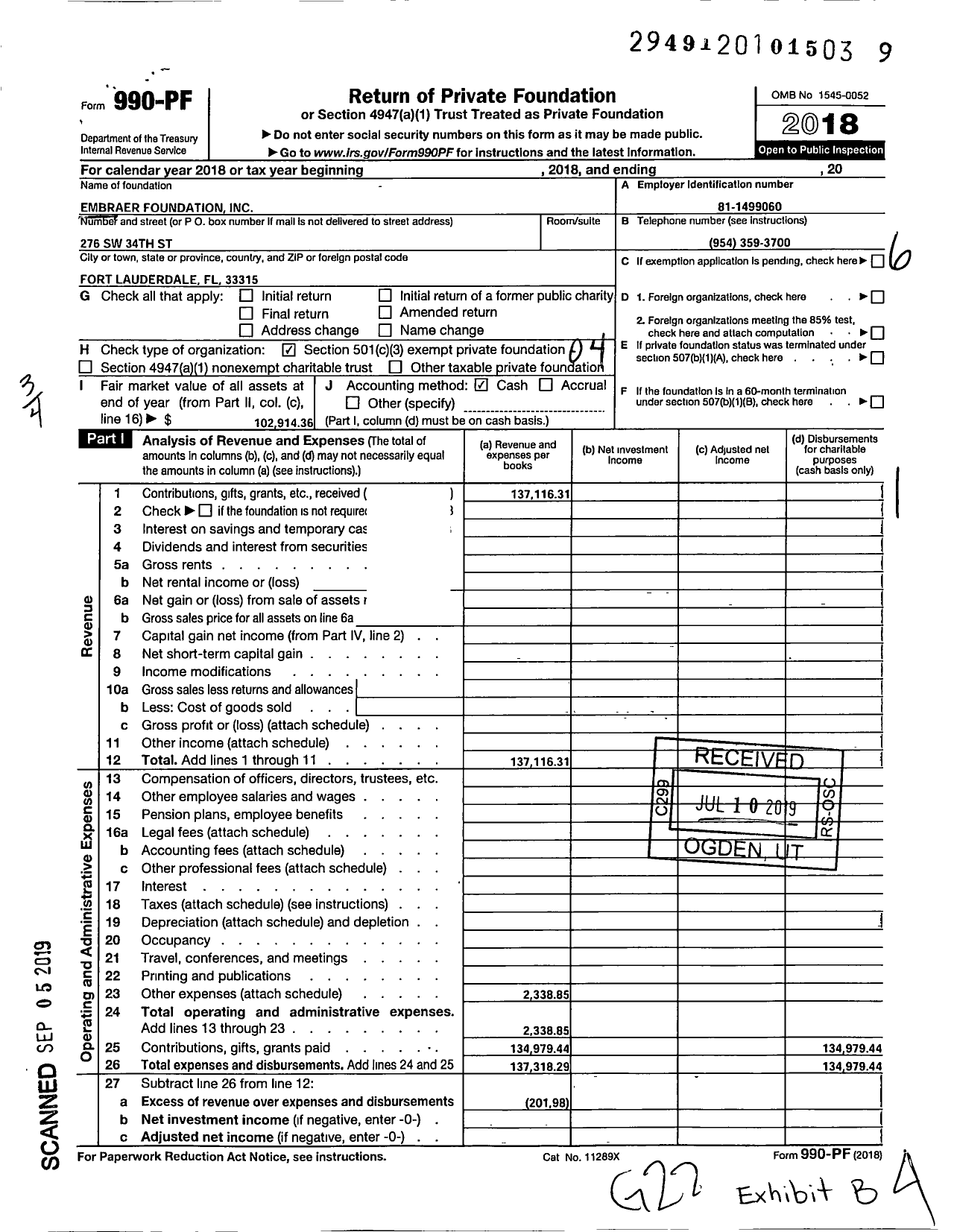 Image of first page of 2018 Form 990PF for Embraer Foundation