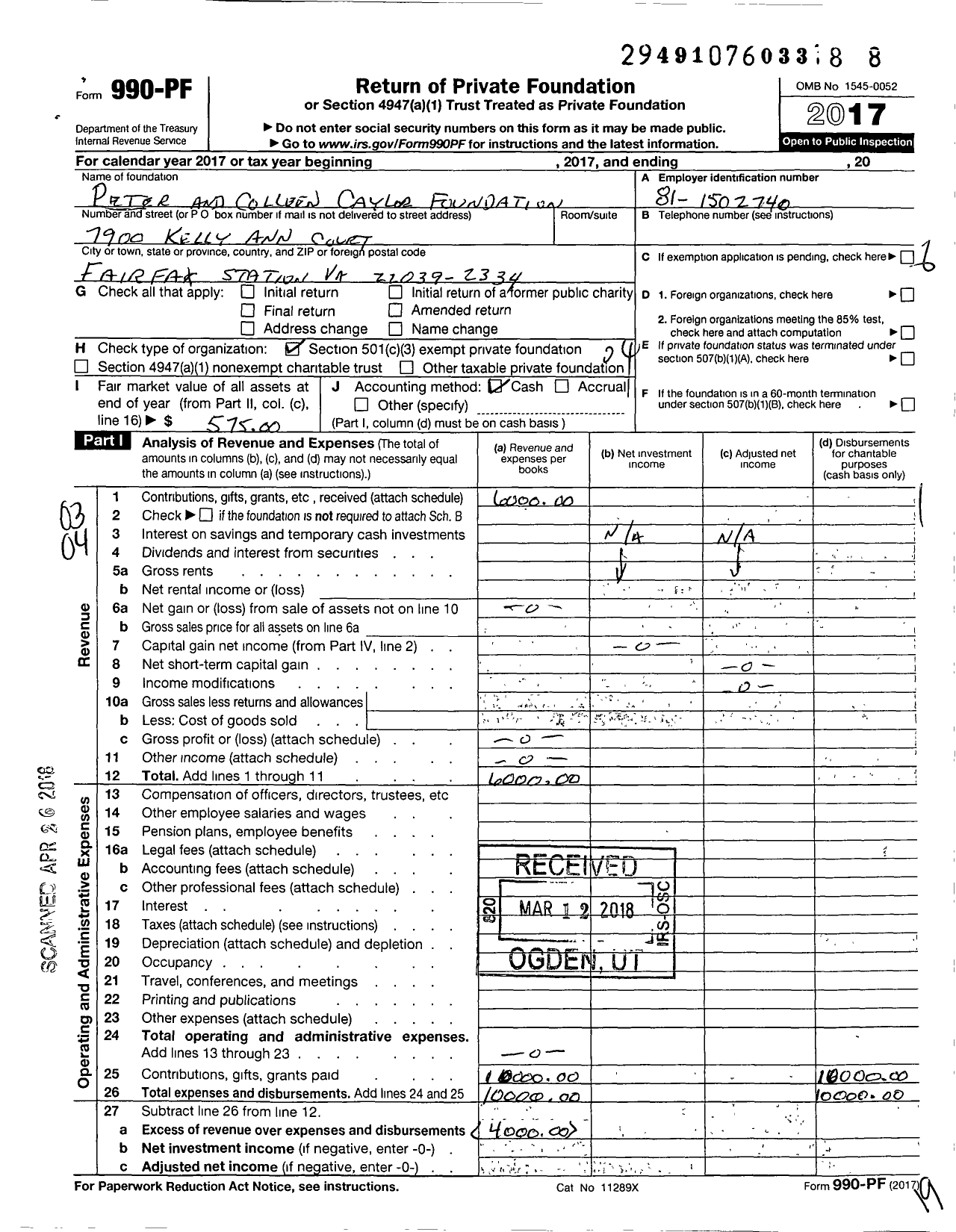 Image of first page of 2017 Form 990PF for Peter and Colleen Caylor Trust