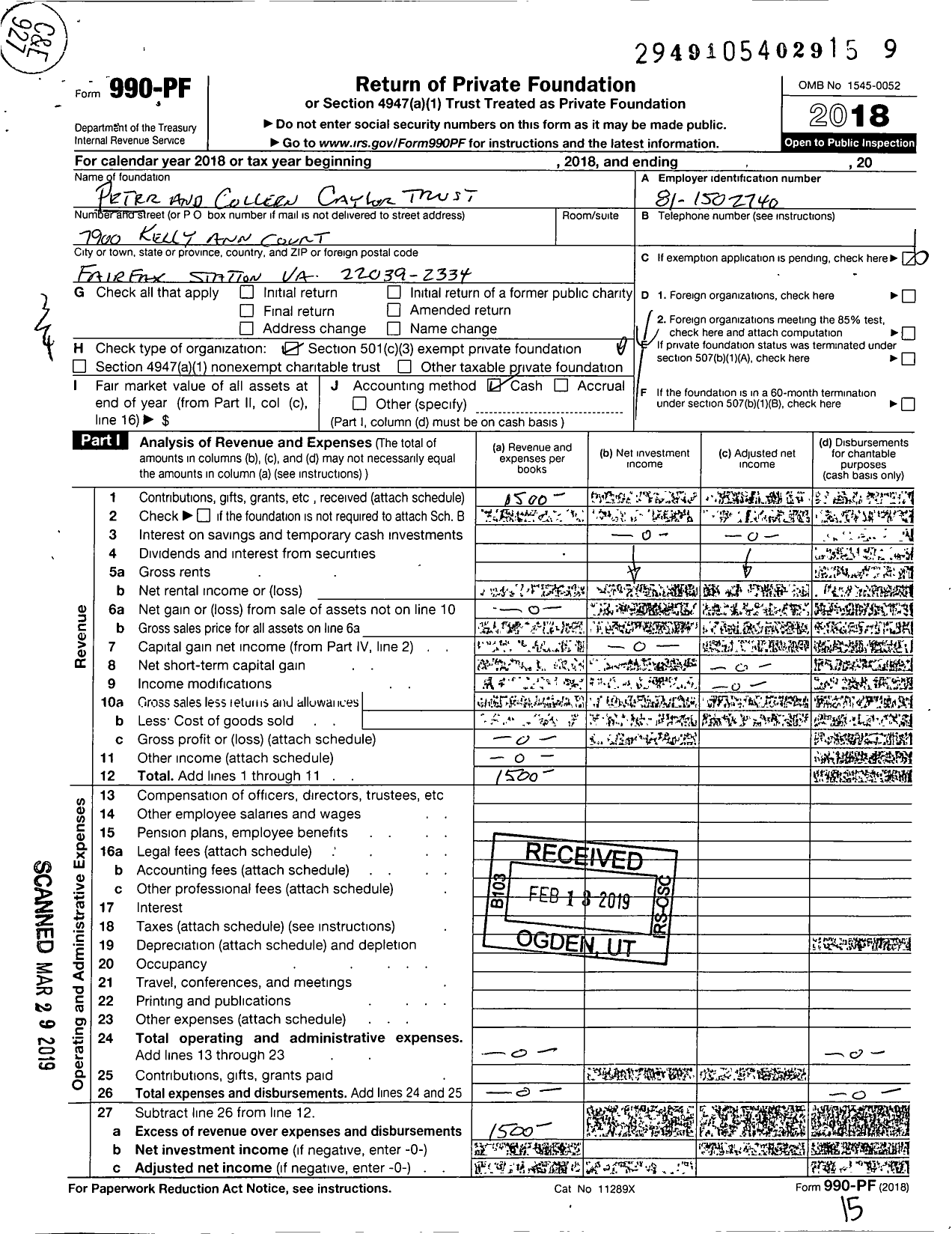 Image of first page of 2018 Form 990PF for Peter and Colleen Caylor Trust