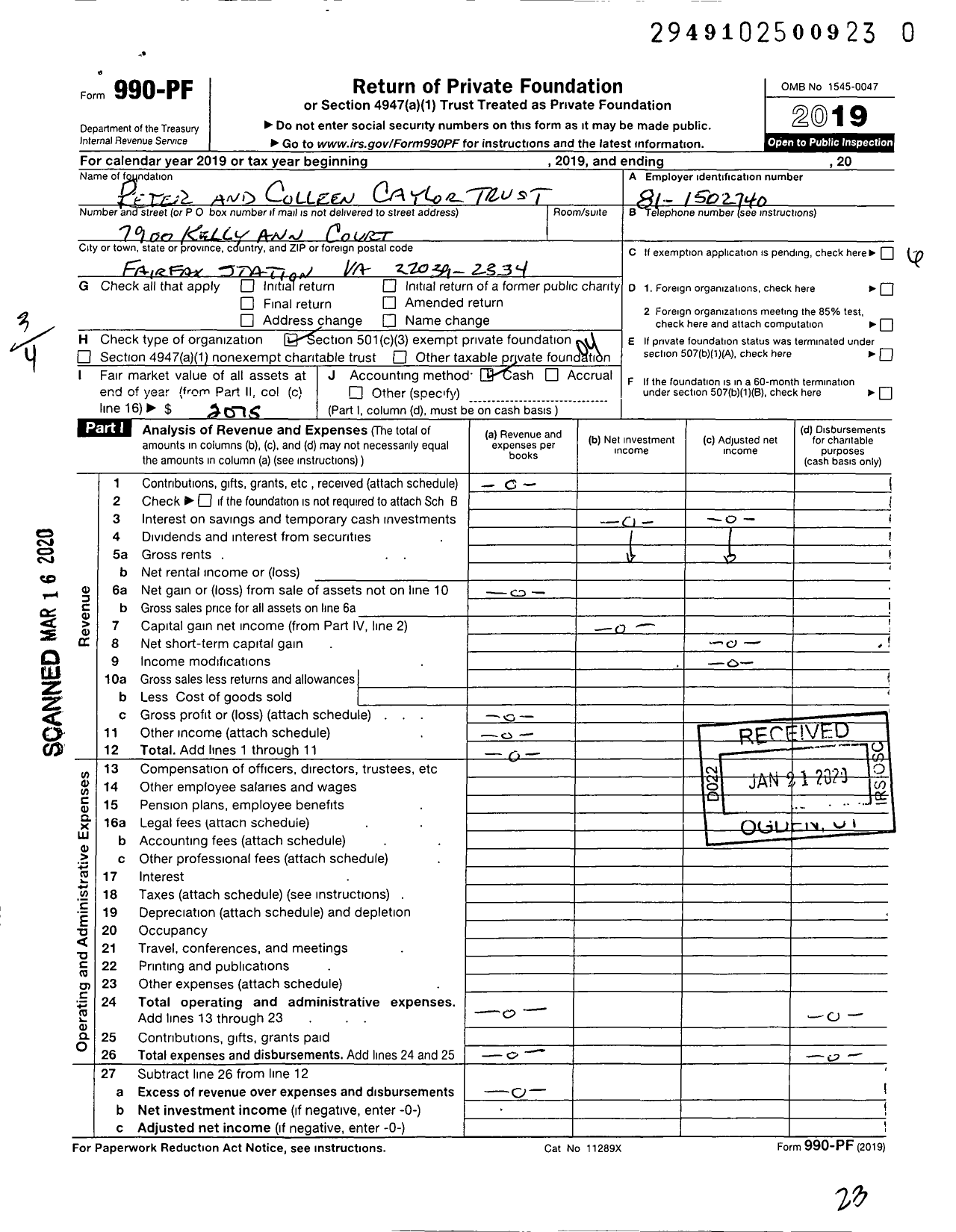 Image of first page of 2019 Form 990PR for Peter and Colleen Caylor Trust