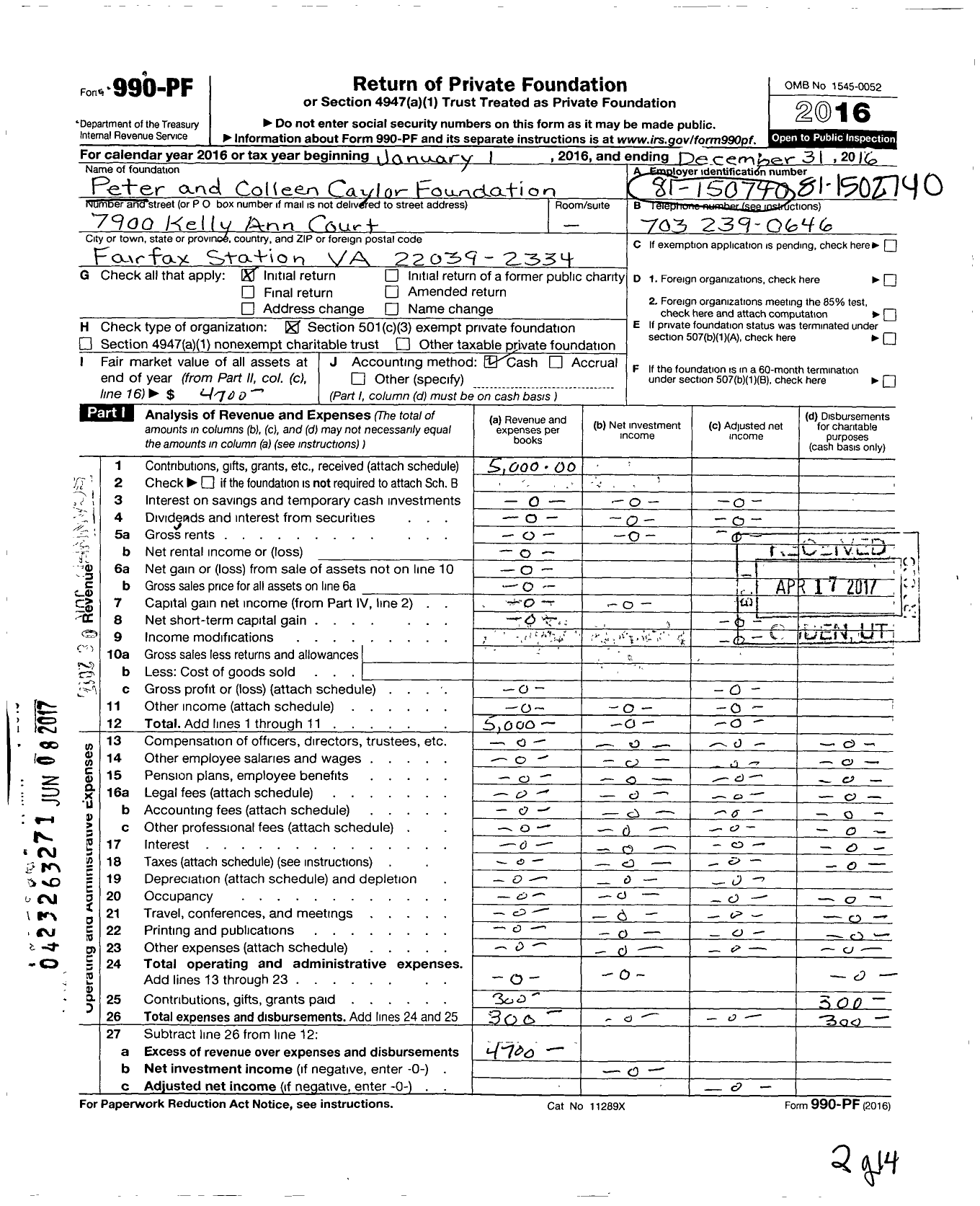 Image of first page of 2016 Form 990PF for Peter and Colleen Caylor Trust