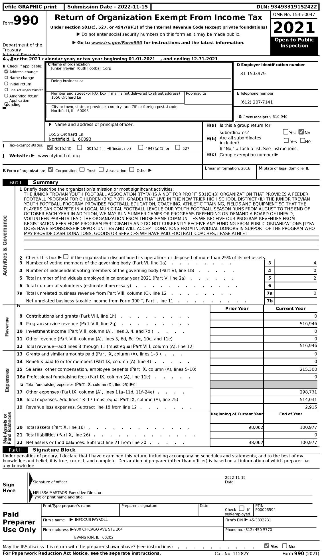 Image of first page of 2021 Form 990 for Junior Trevian Youth Football Corp
